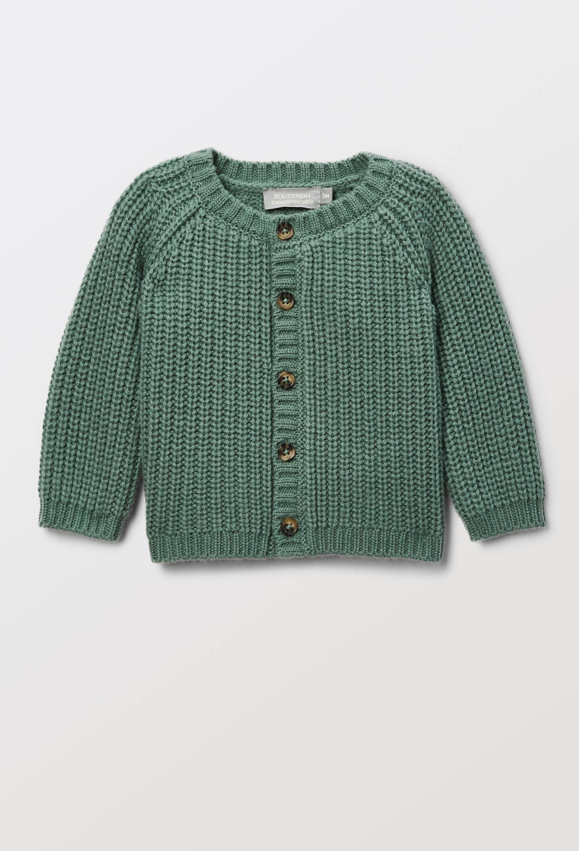 Cardigan &agrave; manches longues uni contenant de la laine, Vert, large image number 0.0