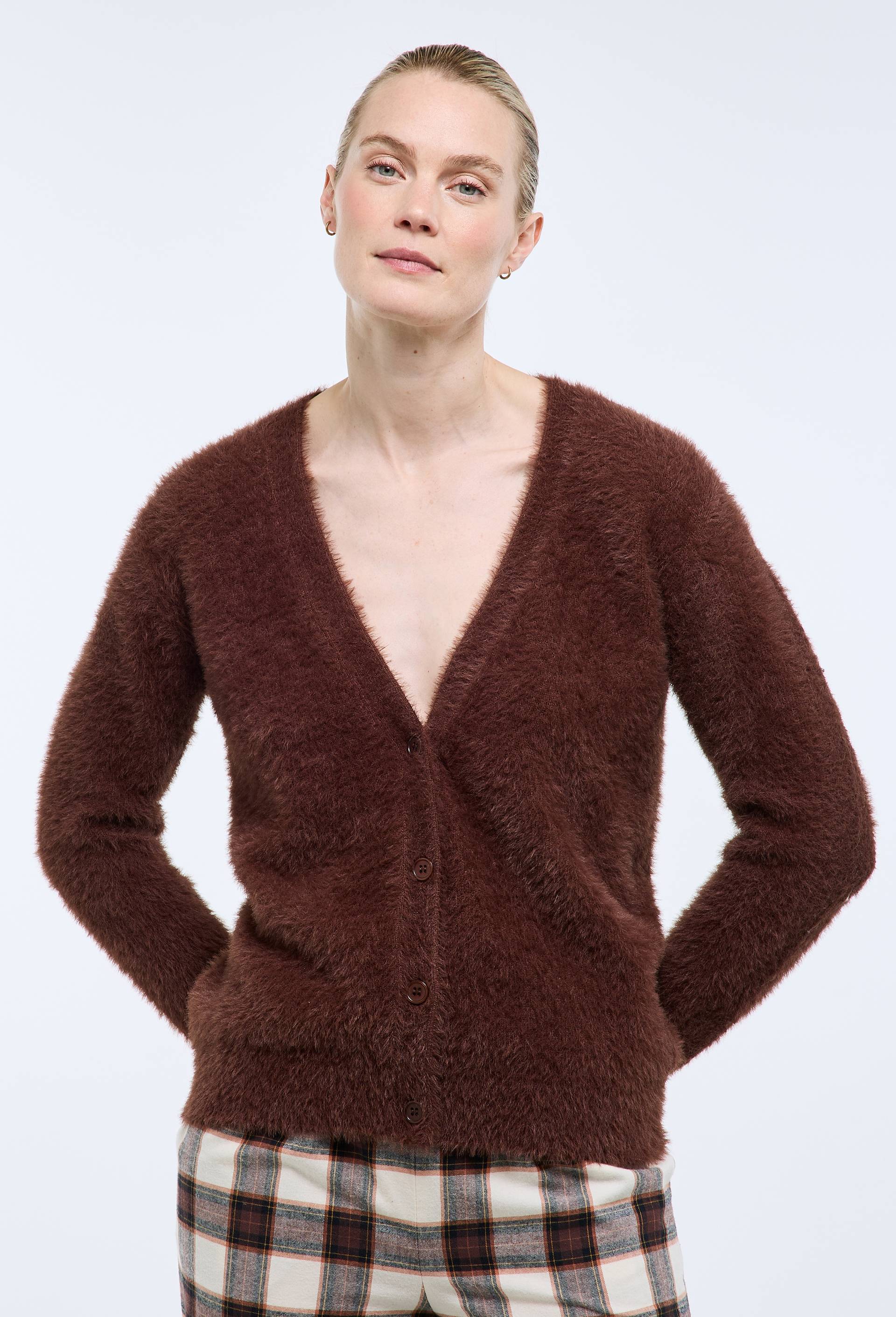 Cardigan uni en laine et polyamide, Brun fonc&eacute;, large image number 0