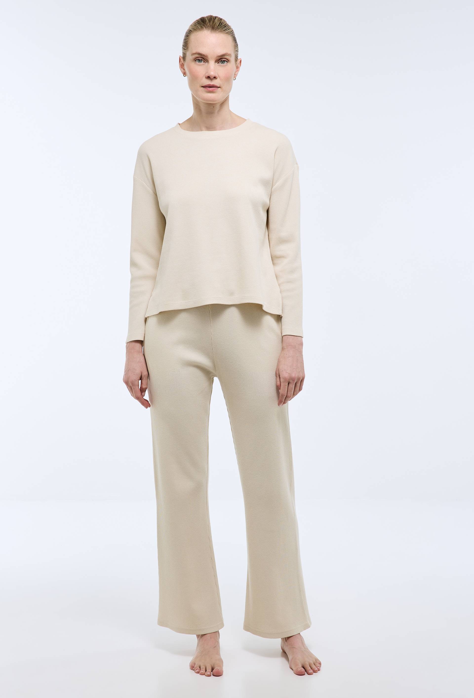 Pantalon uni en coton nid d'abeille, Ecru, large image number 0