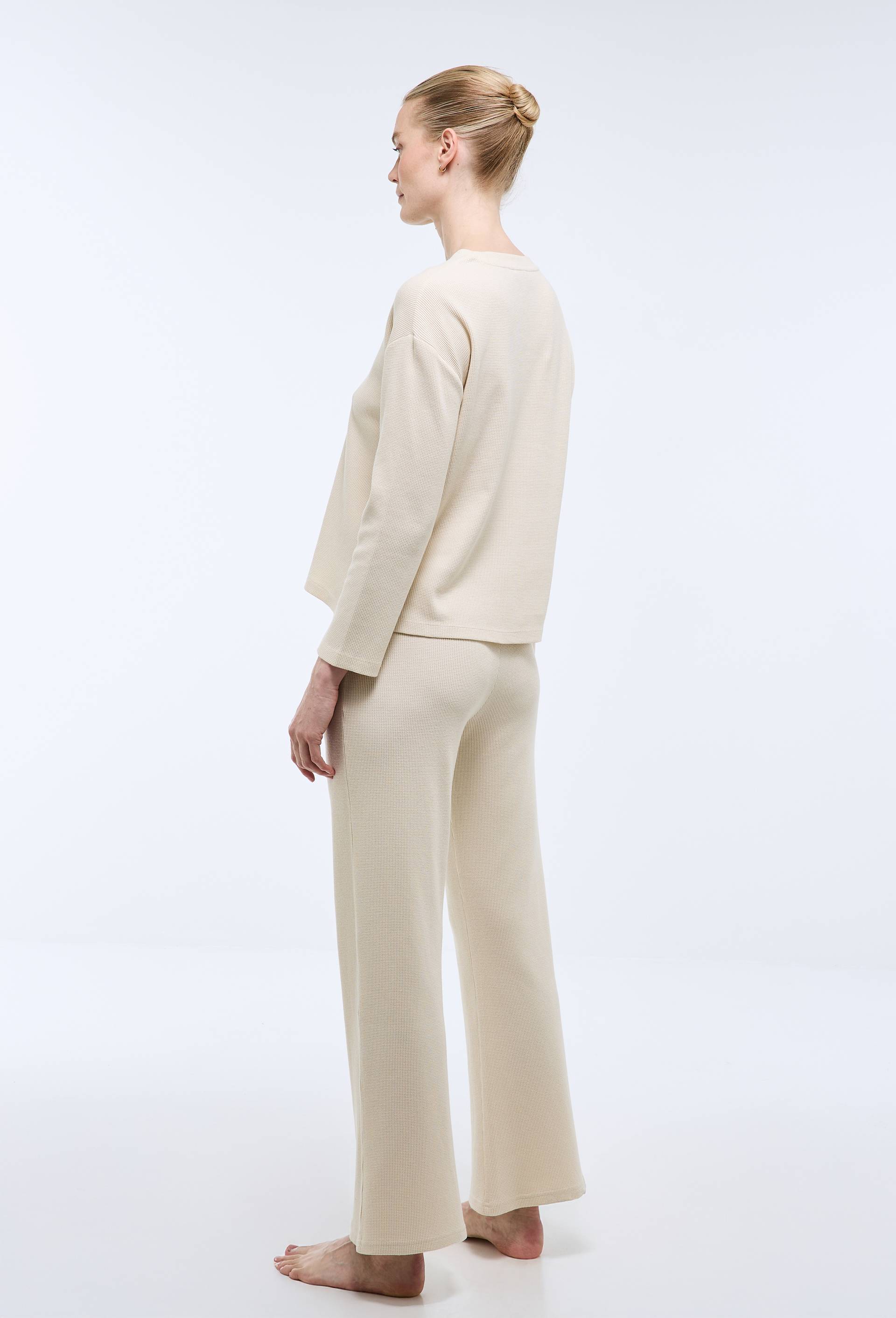 Pantalon uni en coton nid d'abeille, Ecru, large image number 1.0