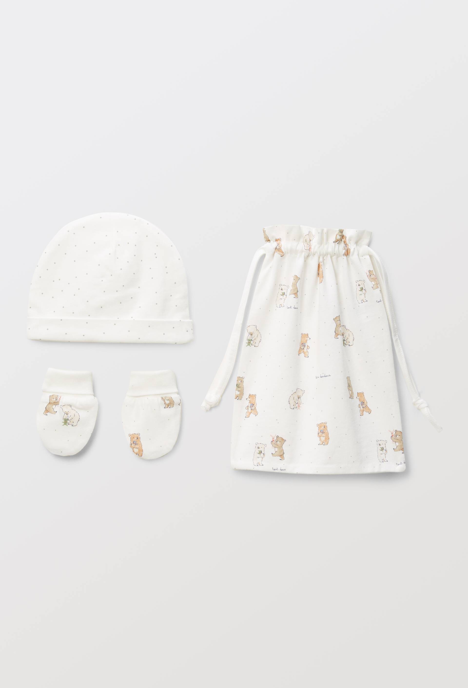 Set de naissance : bonnet, moufles et pochon en coton BIO GOTS, Ecru, large image number 0.0