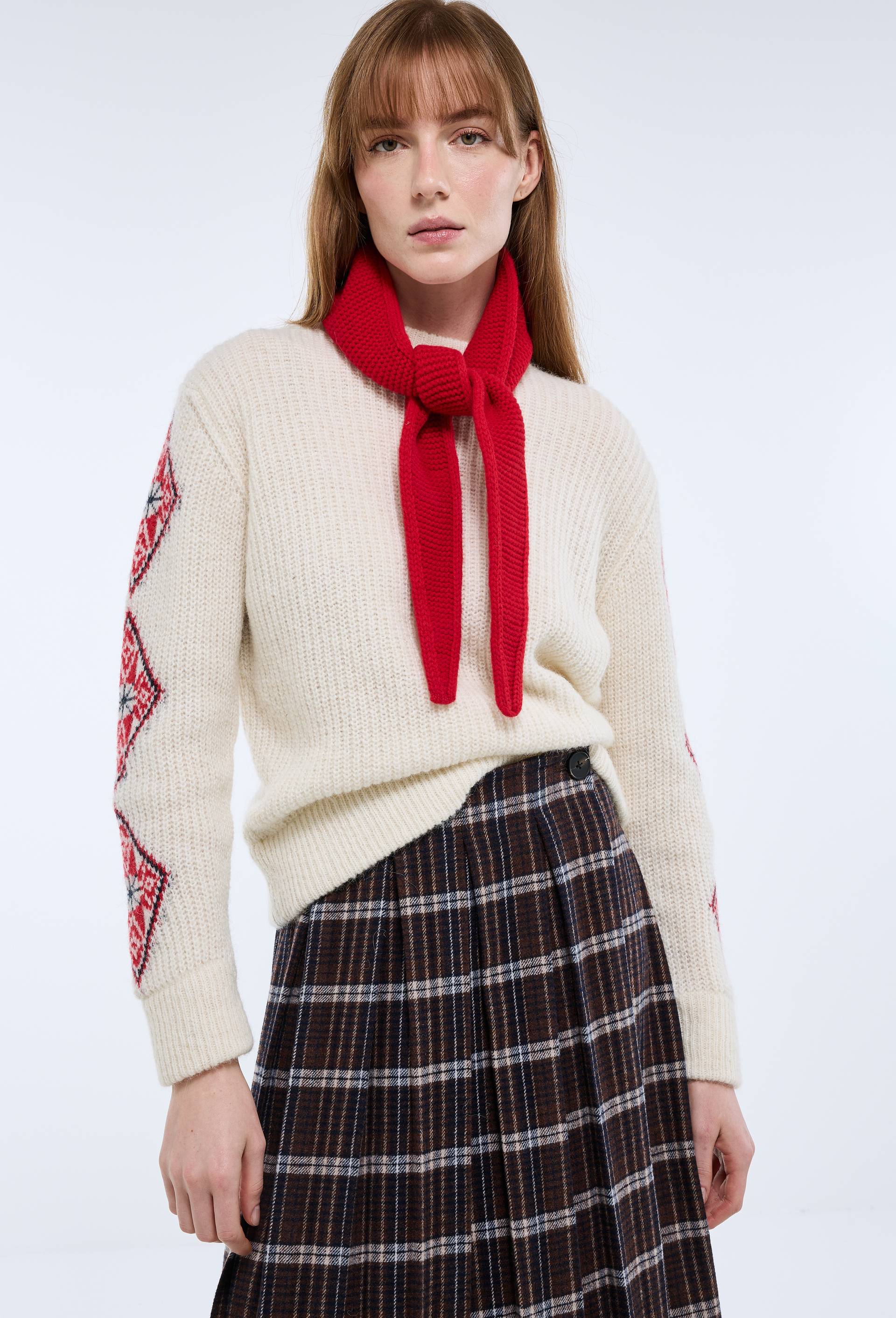 Pull en maille &agrave; d&eacute;tails en jacquard fantaisie aux manches, Beige clair, large image number 0