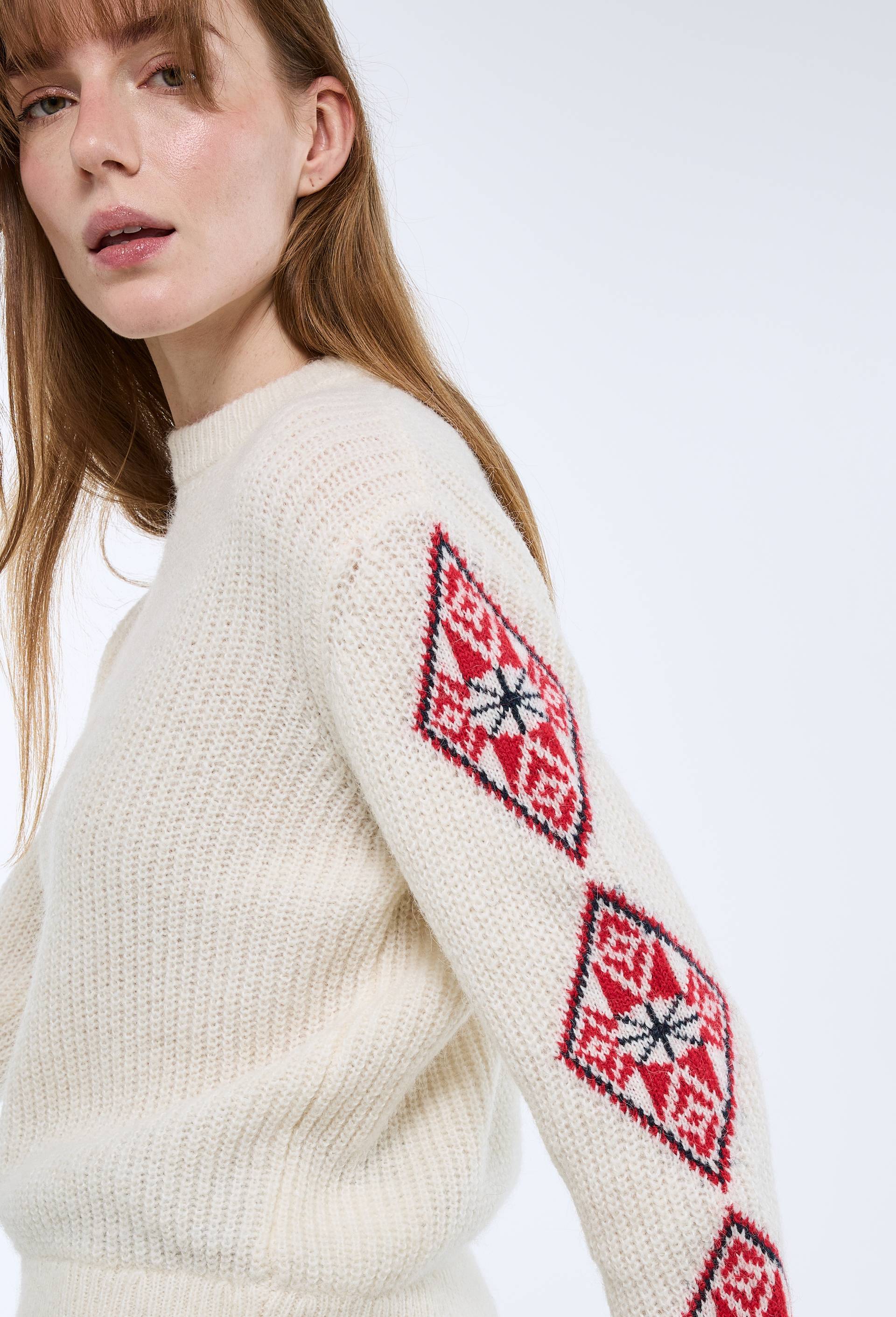 Pull en maille &agrave; d&eacute;tails en jacquard fantaisie aux manches, Beige clair, large image number 1