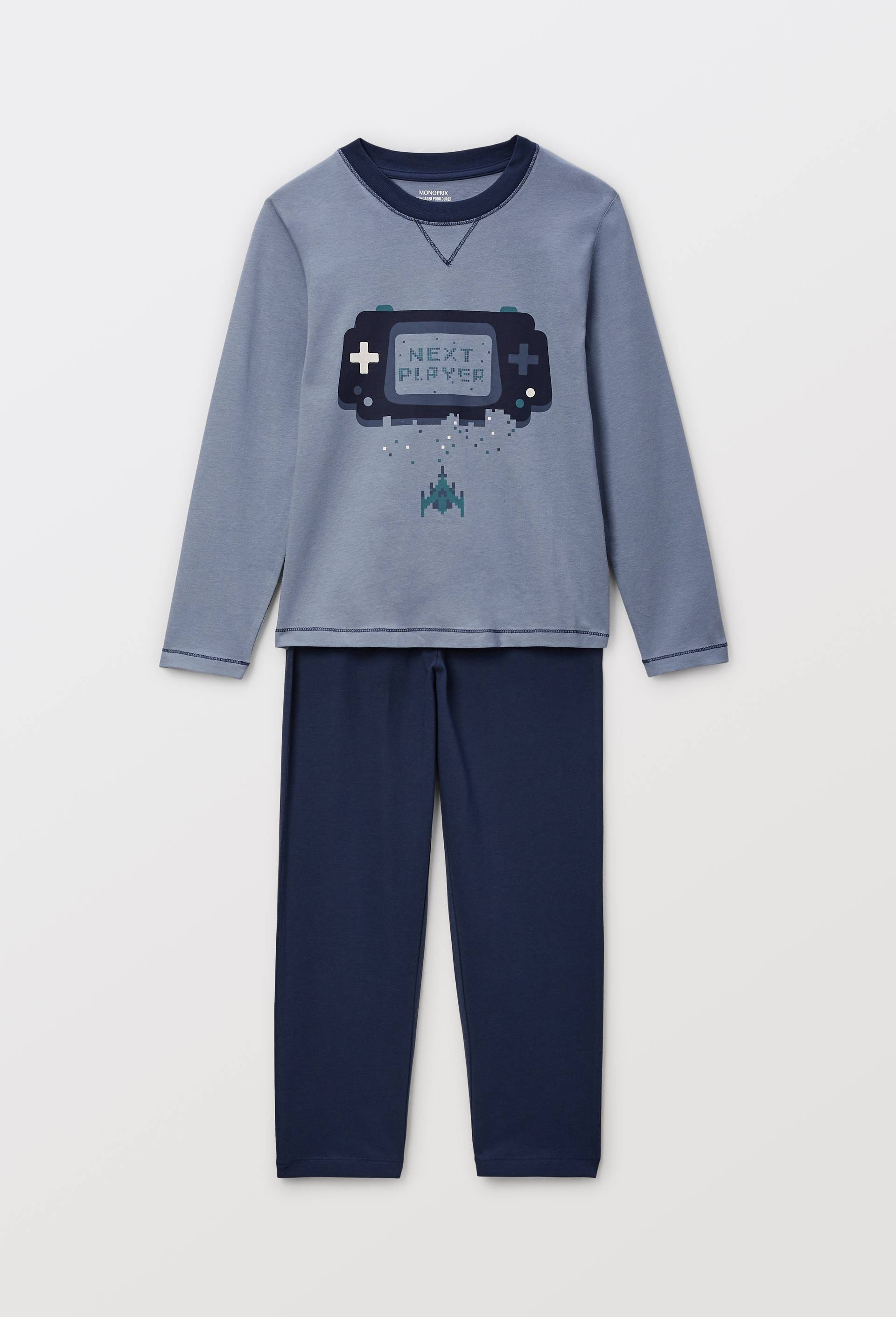 Pyjama manches longues imprim&eacute; en coton bio GOTS, Bleu fonc&eacute;, large image number 1