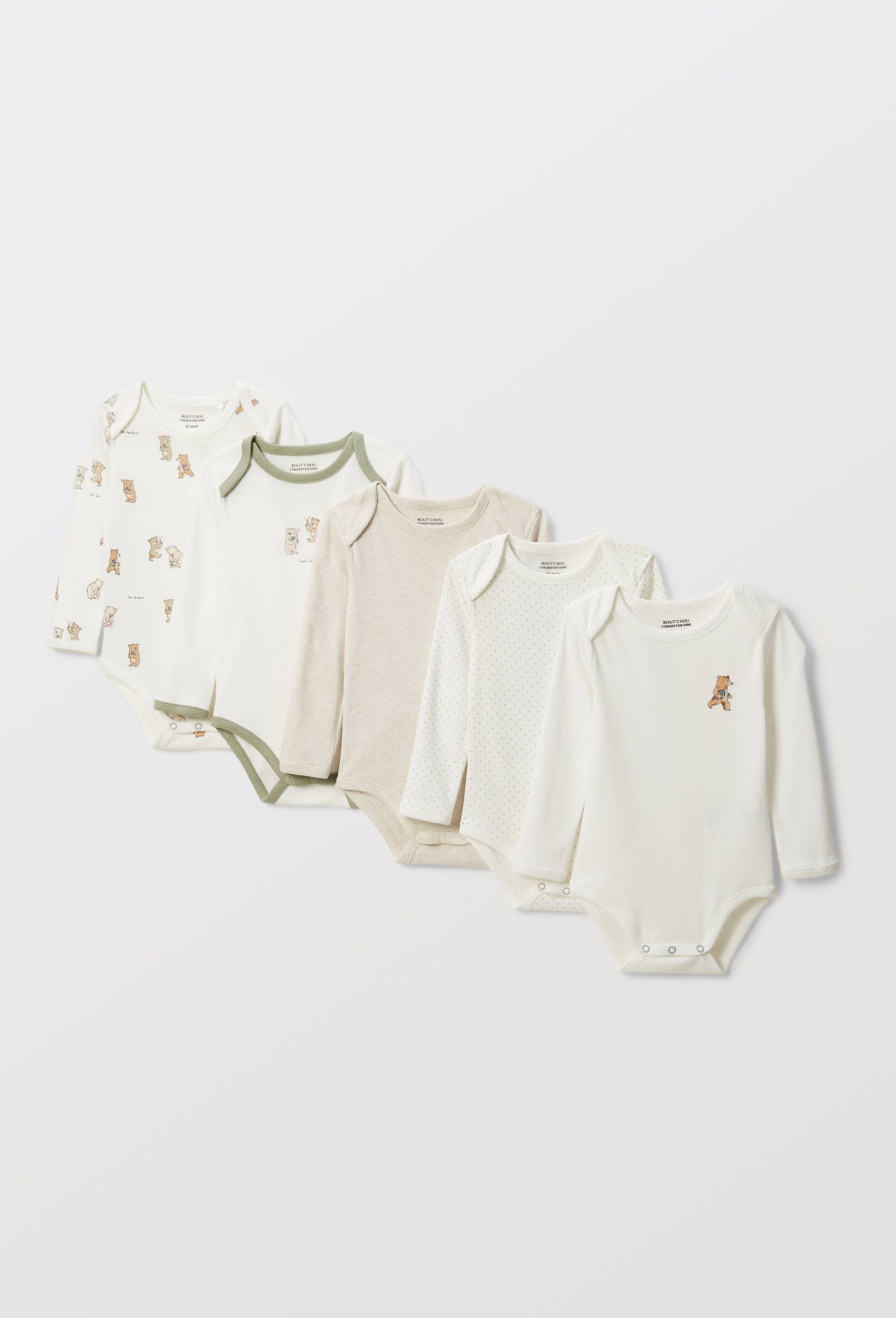 Lot de 5 bodies manches longues imprim&eacute; en coton BIO GOTS, Ecru, large image number 0