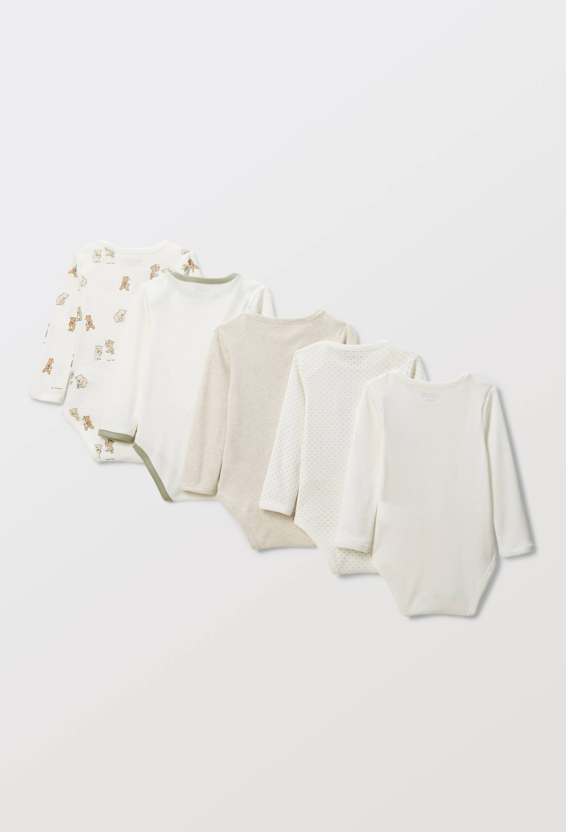 Lot de 5 bodies manches longues imprim&eacute; en coton BIO GOTS, Ecru, large image number 1.0