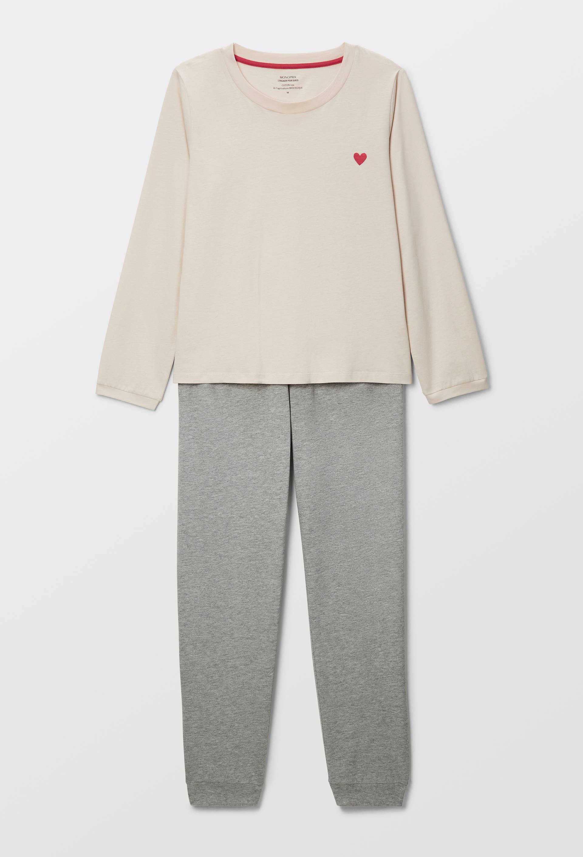 Pyjama uni en coton jersey BIO avec coeur brod&eacute;, Ecru, large image number 2