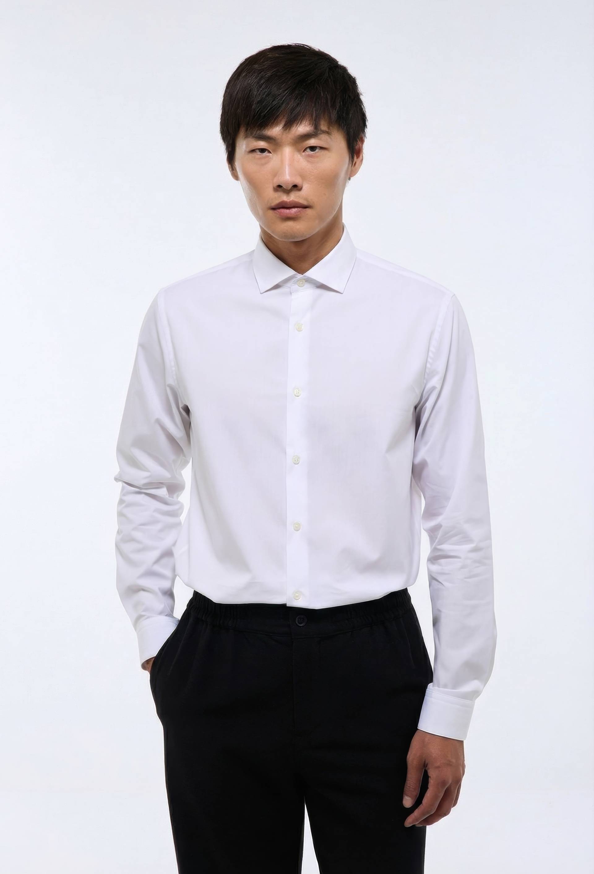 Chemise ville col italien double retors en coton, Blanc, large image number 0.0