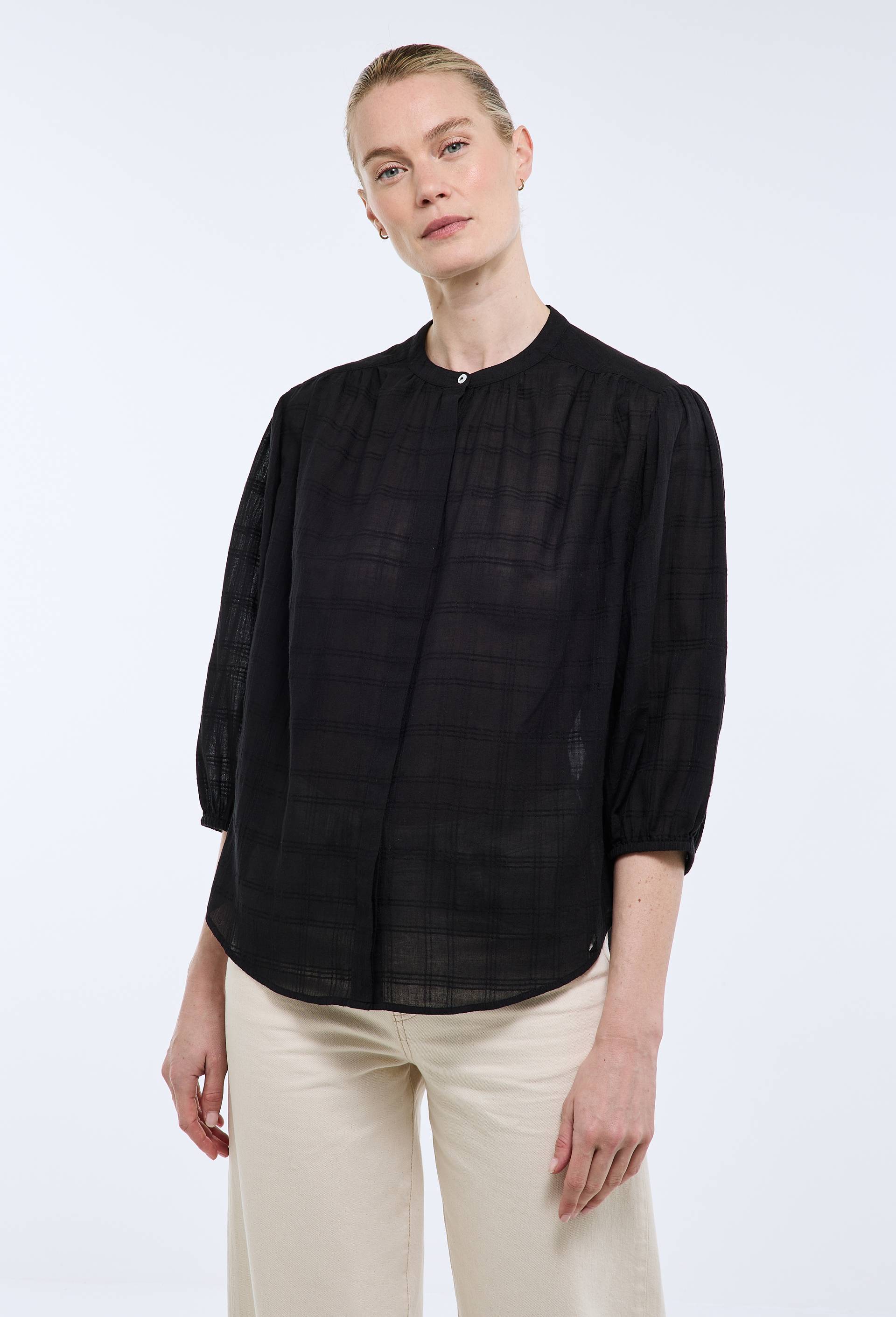 Blouse manches trois quarts transparente en coton BIO GOTS, Noir, large image number 0