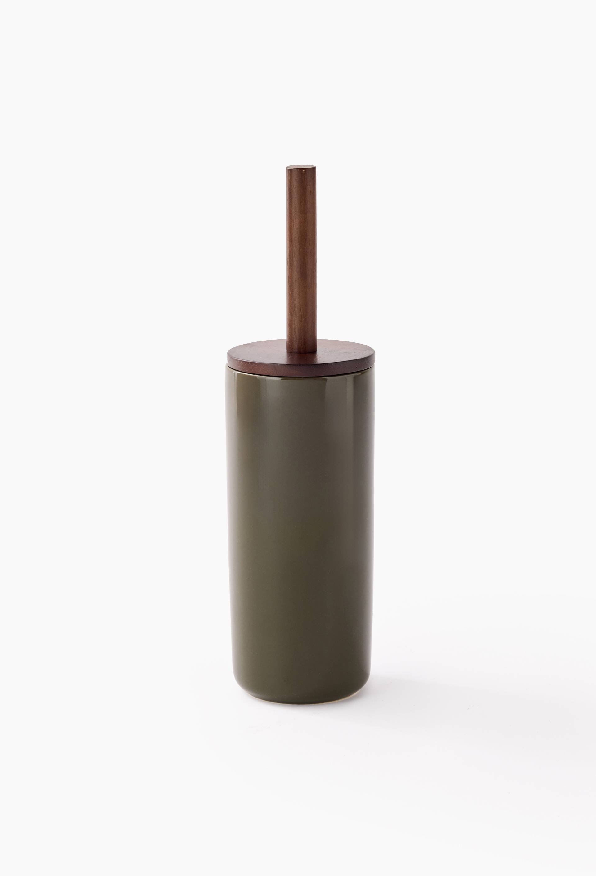 Porte-balai de toilette, 39x10.7cm, en c&eacute;ramique et bois, Vert fonc&eacute;, large image number 0