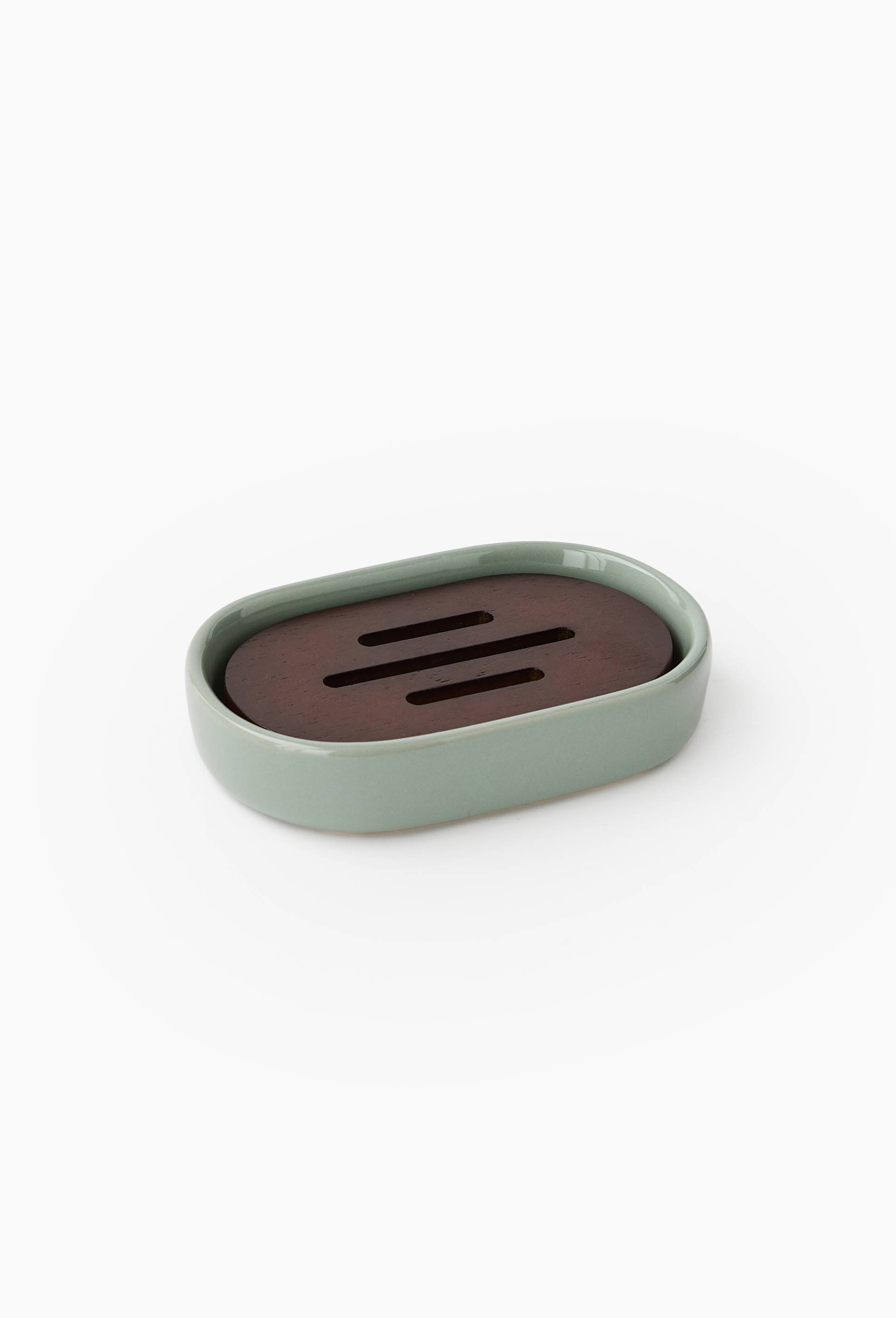 Porte savon en c&eacute;ramique et bois, 2,6x12,7x8,7cm, Vert clair, large image number 0.0