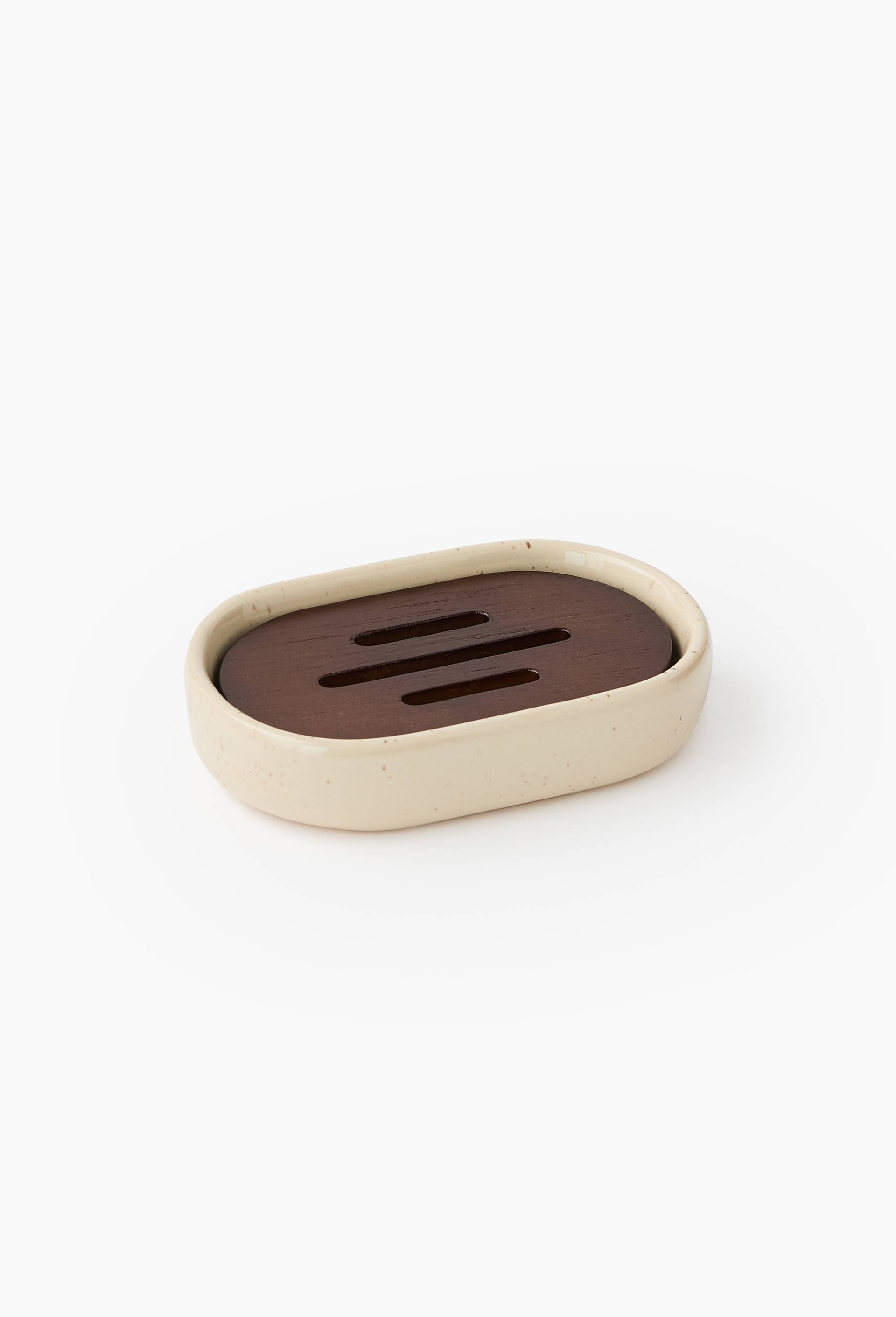 Porte savon en c&eacute;ramique et bois, 2,6x12,7x8,7cm, Brun clair, swatch image