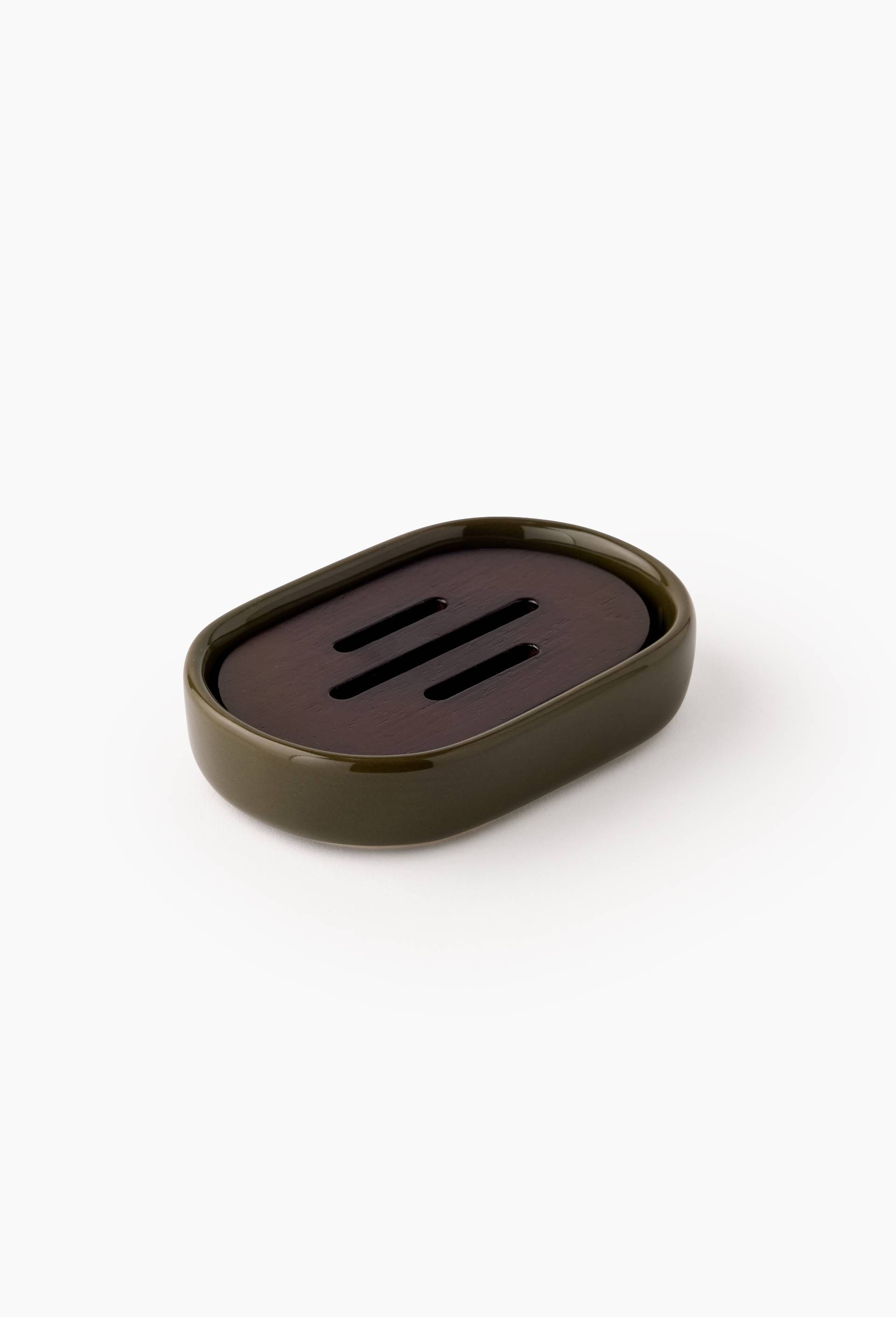Porte savon en c&eacute;ramique et bois, 2,6x12,7x8,7cm, Vert fonc&eacute;, swatch image