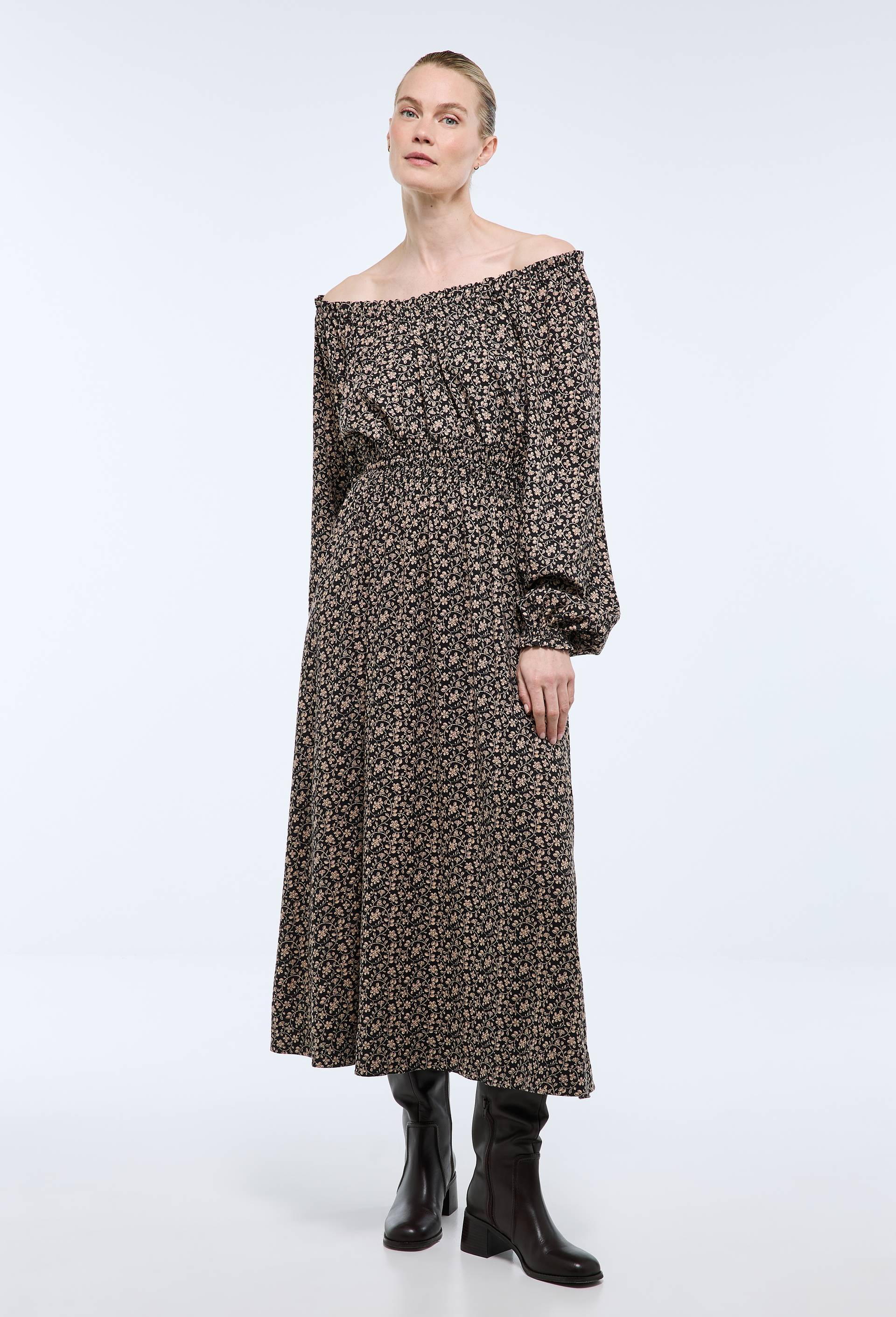Robe midi smock&eacute;e imprim&eacute;e, Noir, large image number 0