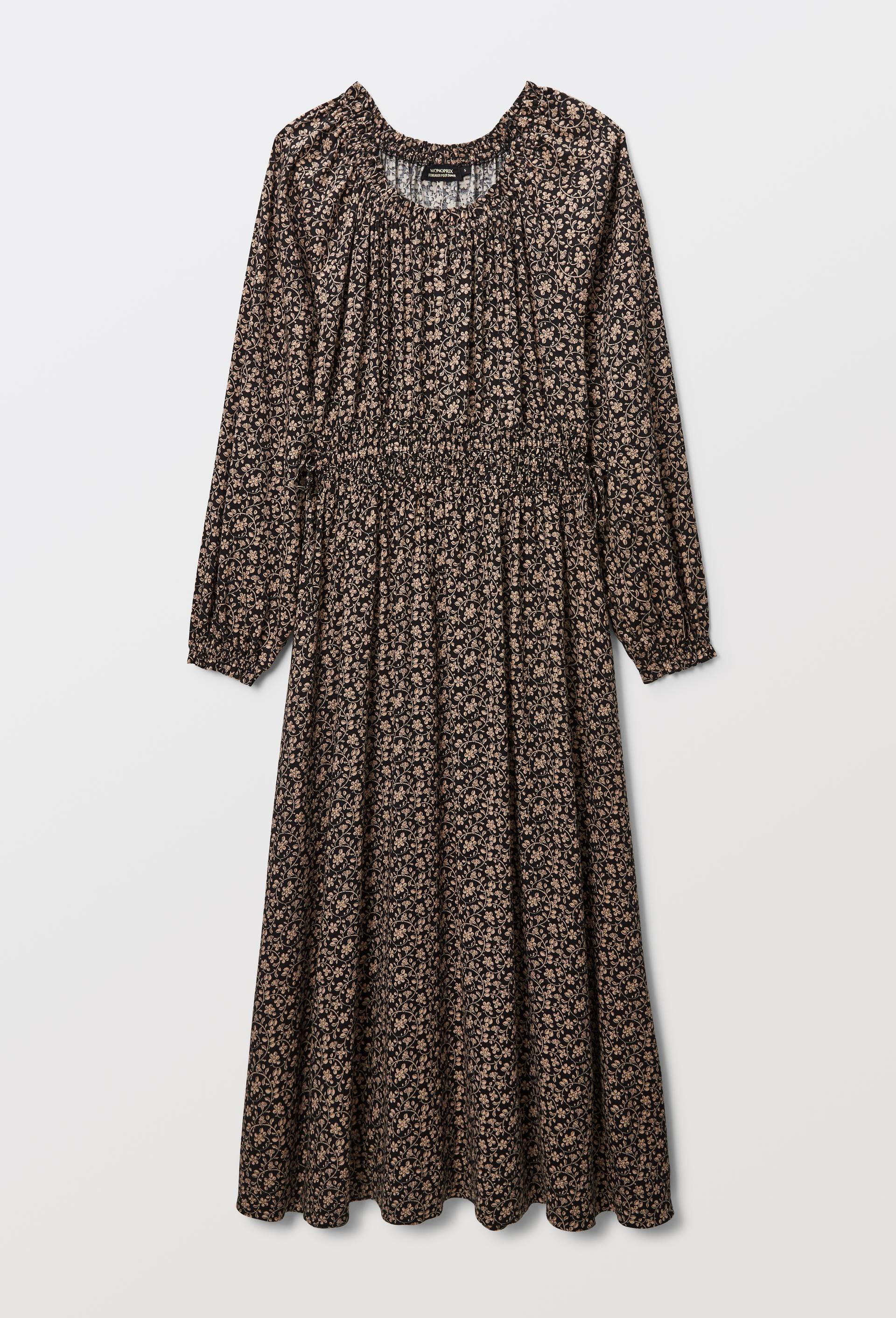 Robe midi smock&eacute;e imprim&eacute;e, Noir, large image number 4.0