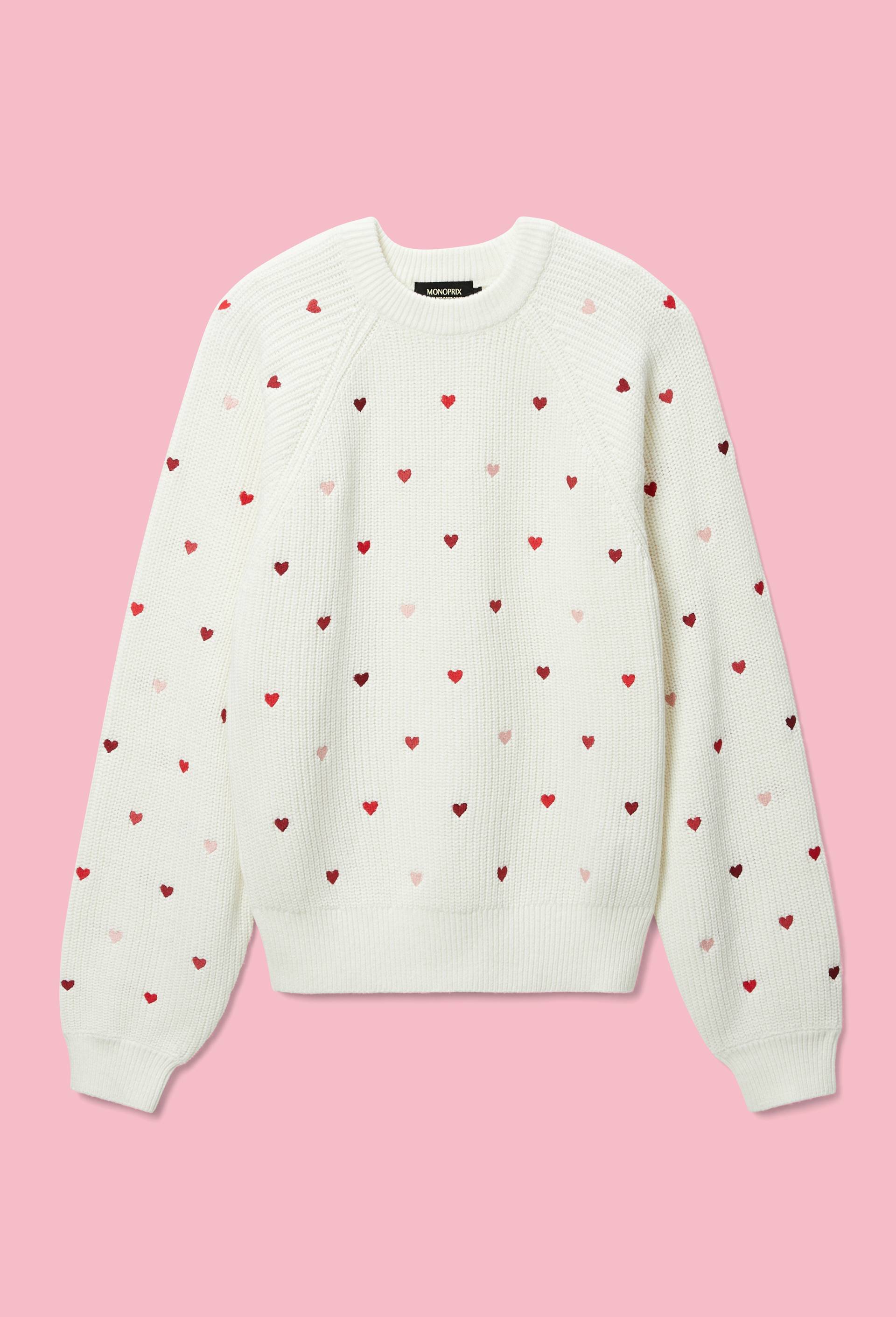 Pull uni en maille de coton avec broderies coeurs, Ecru, large image number 0