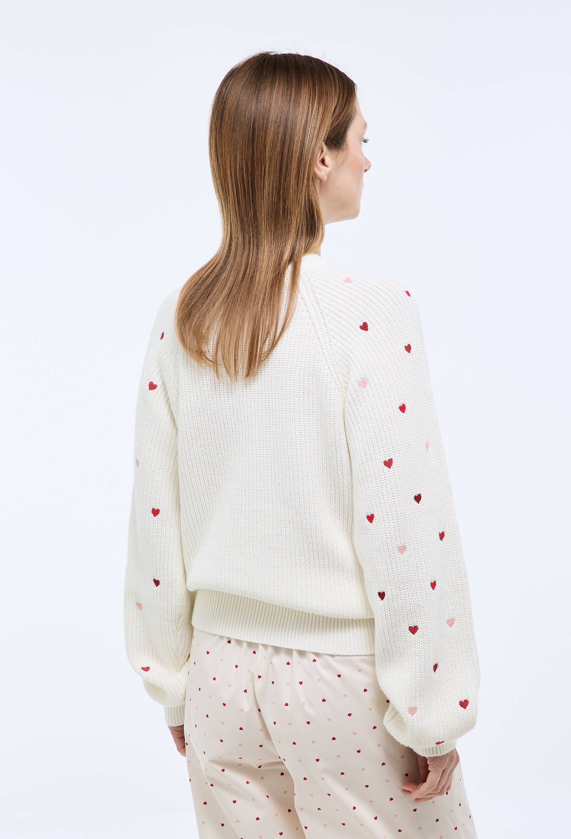 Pull uni en maille de coton avec broderies coeurs, Ecru, large image number 2.0