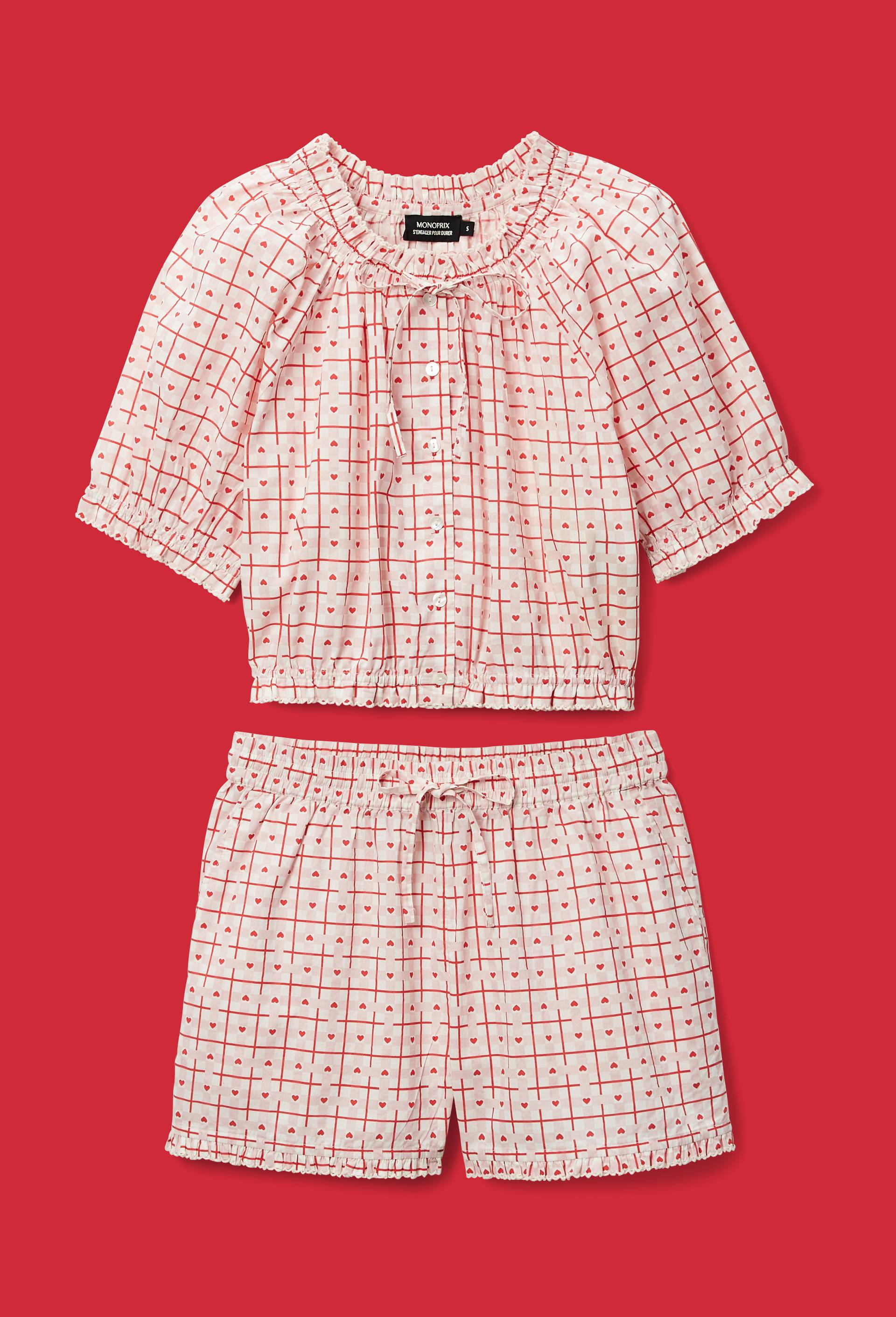 Pyjashort vichy coeur en coton bio GOTS, Ecru, large image number 0.0