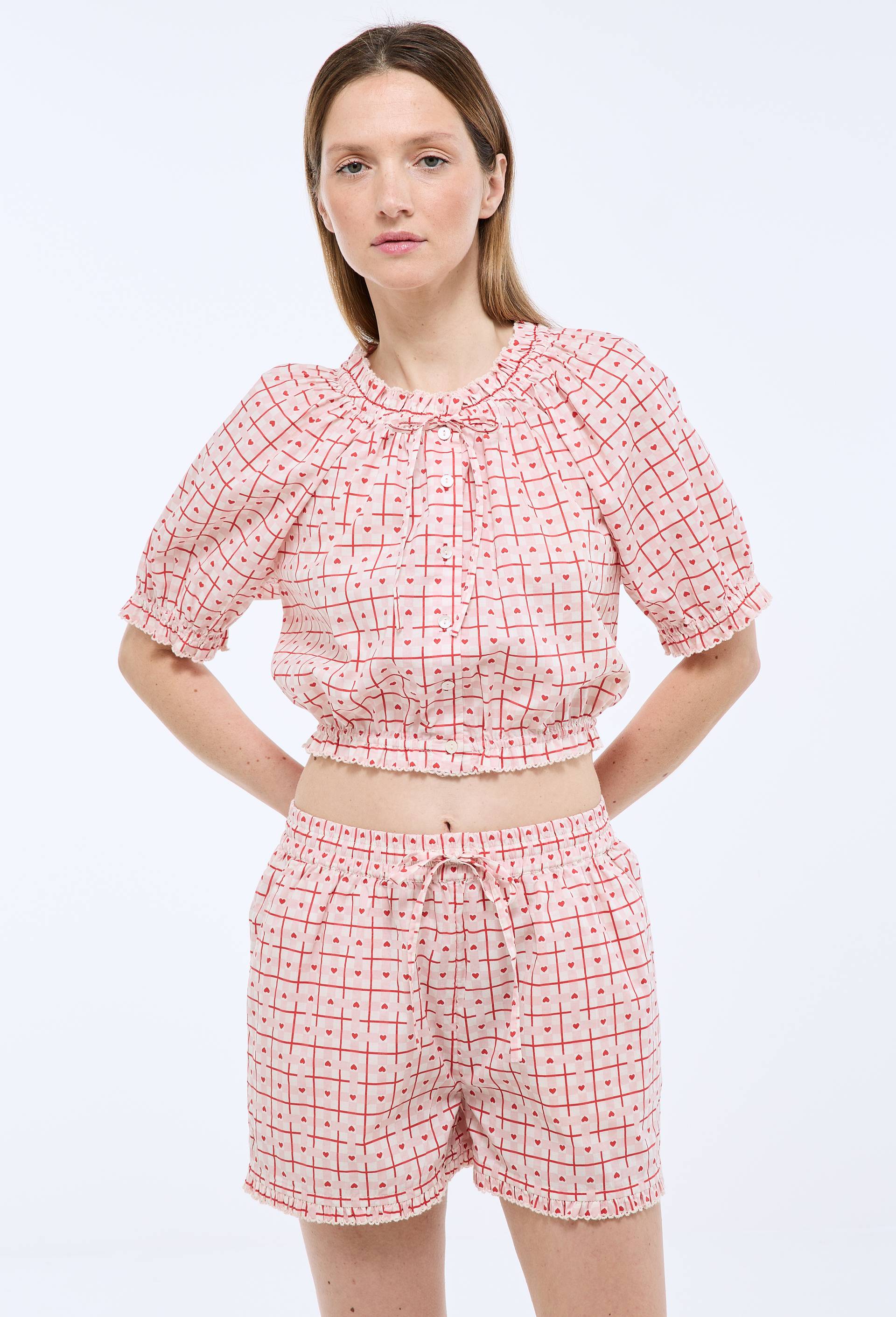 Pyjashort vichy coeur en coton bio GOTS, Ecru, large image number 1