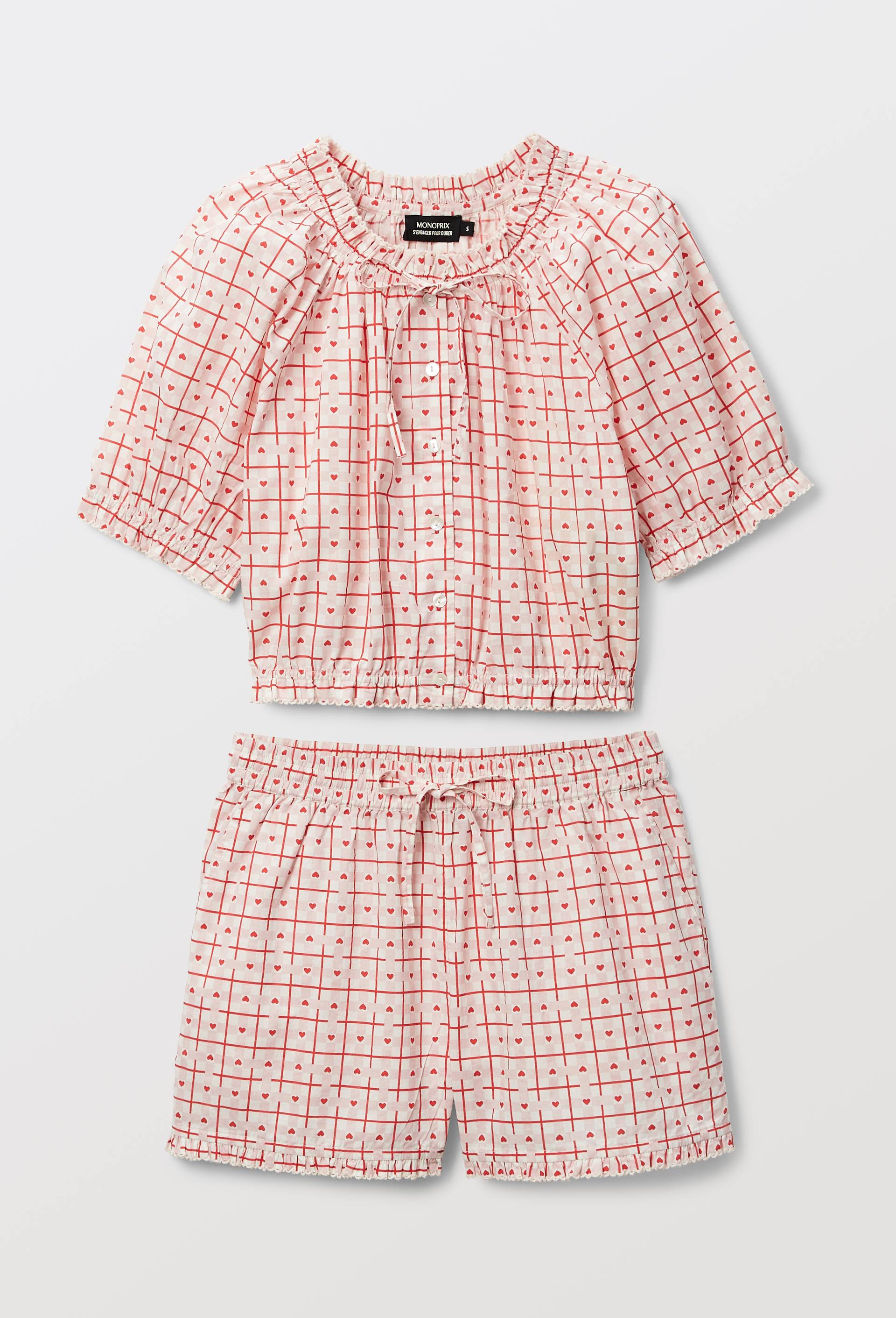 Pyjashort vichy coeur en coton bio GOTS, Ecru, large image number 3