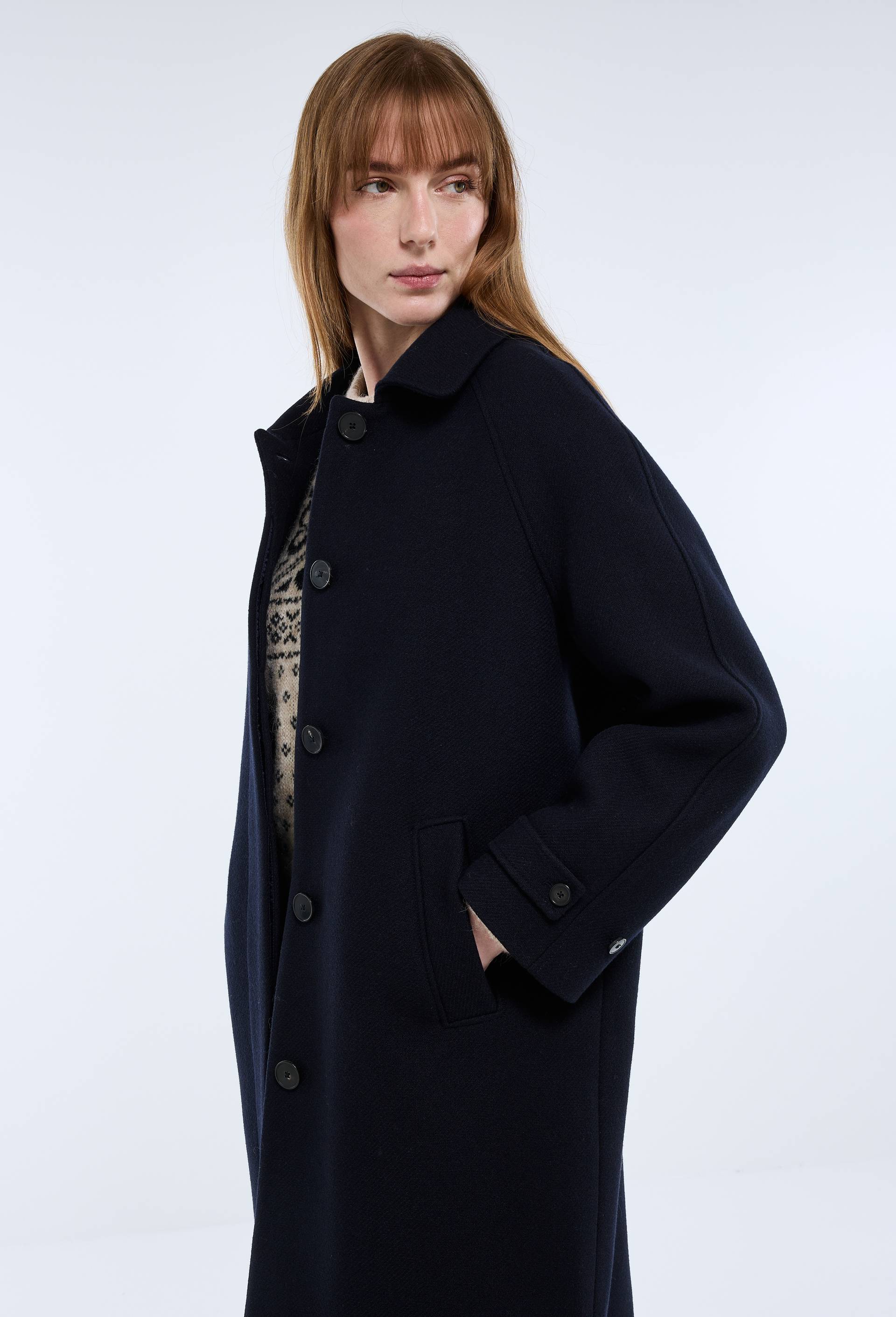 Manteau long uni contenant de la laine, Bleu fonc&eacute;, large image number 1.0
