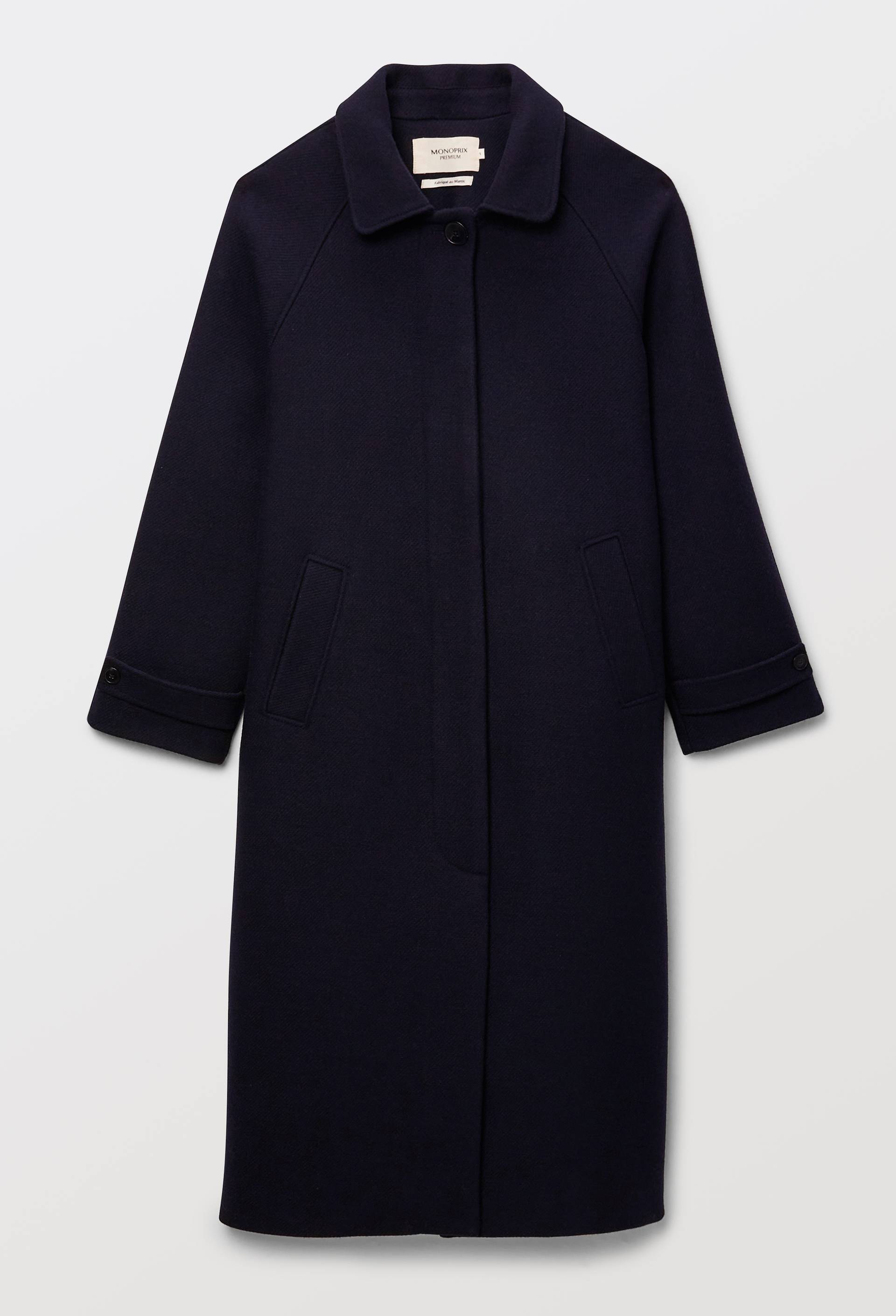 Manteau long uni contenant de la laine, Bleu fonc&eacute;, large image number 3