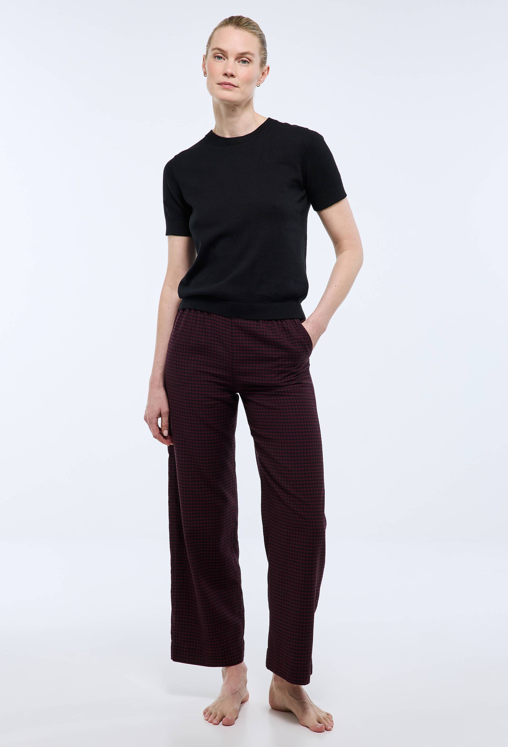 Pantalon vichy en coton gratt&eacute; bio GOTS, Noir, large image number 0