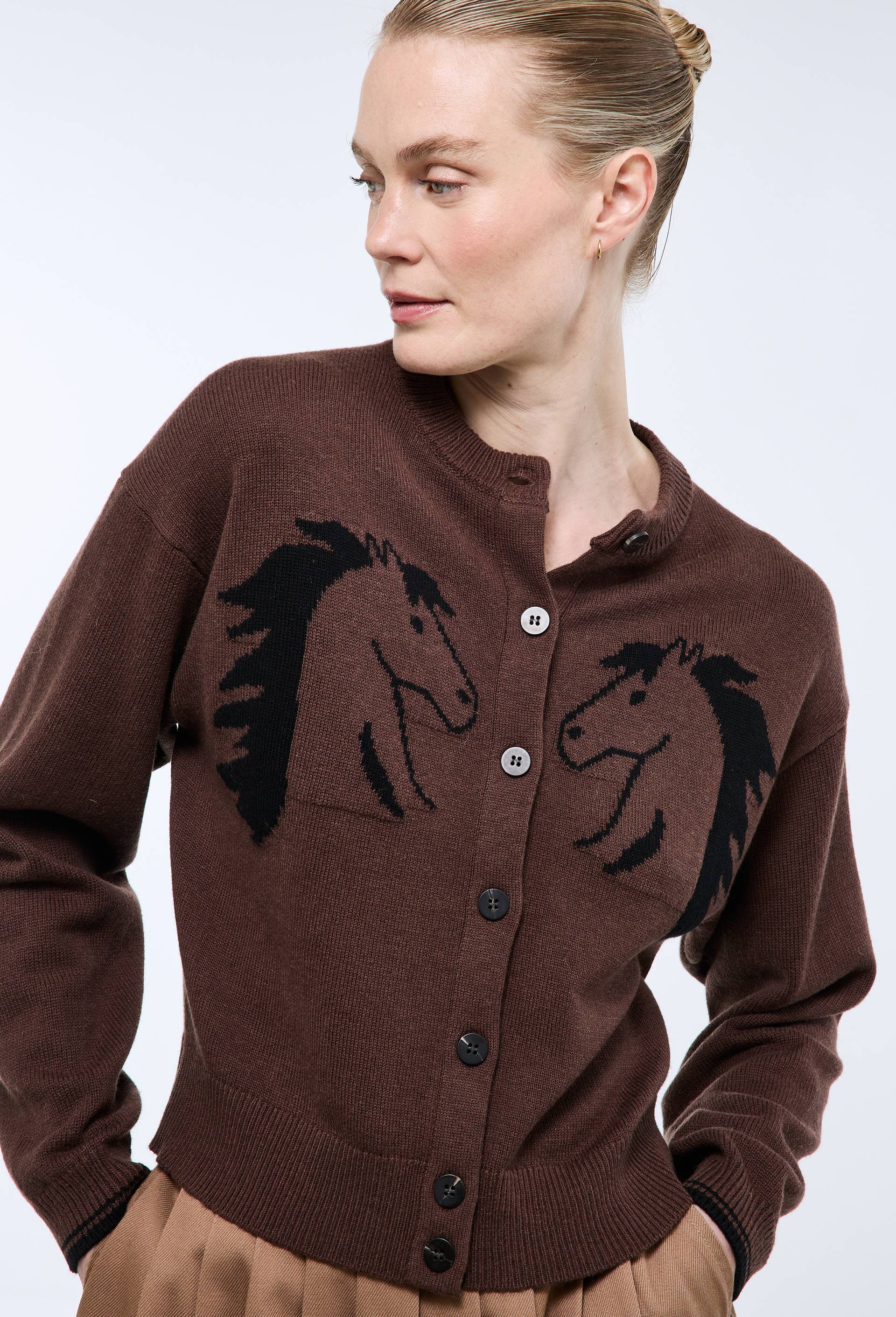 Cardigan manches longues avec un motif cheval contrast&eacute;, Beige, large image number 1