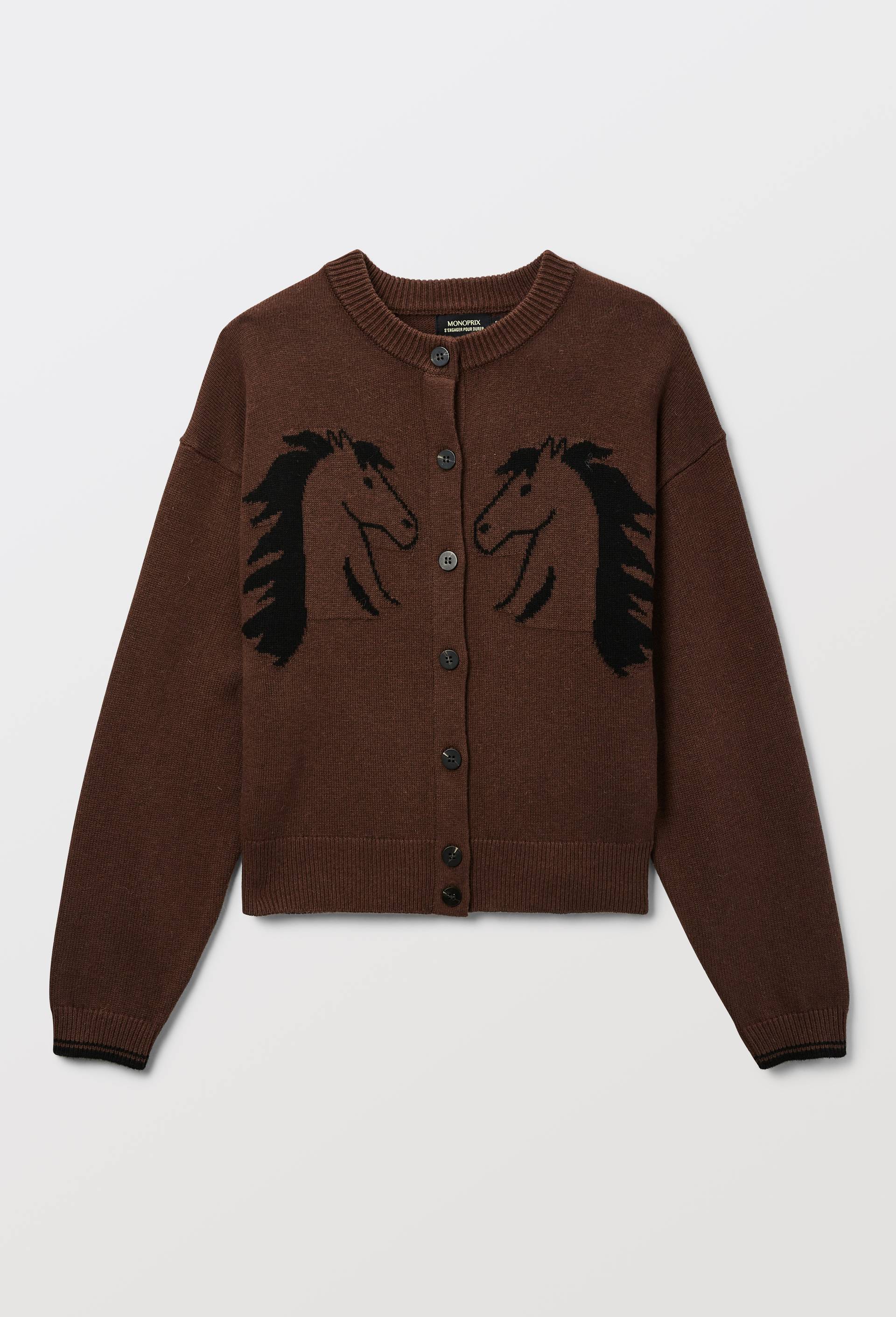Cardigan manches longues avec un motif cheval contrast&eacute;, Beige, large image number 3