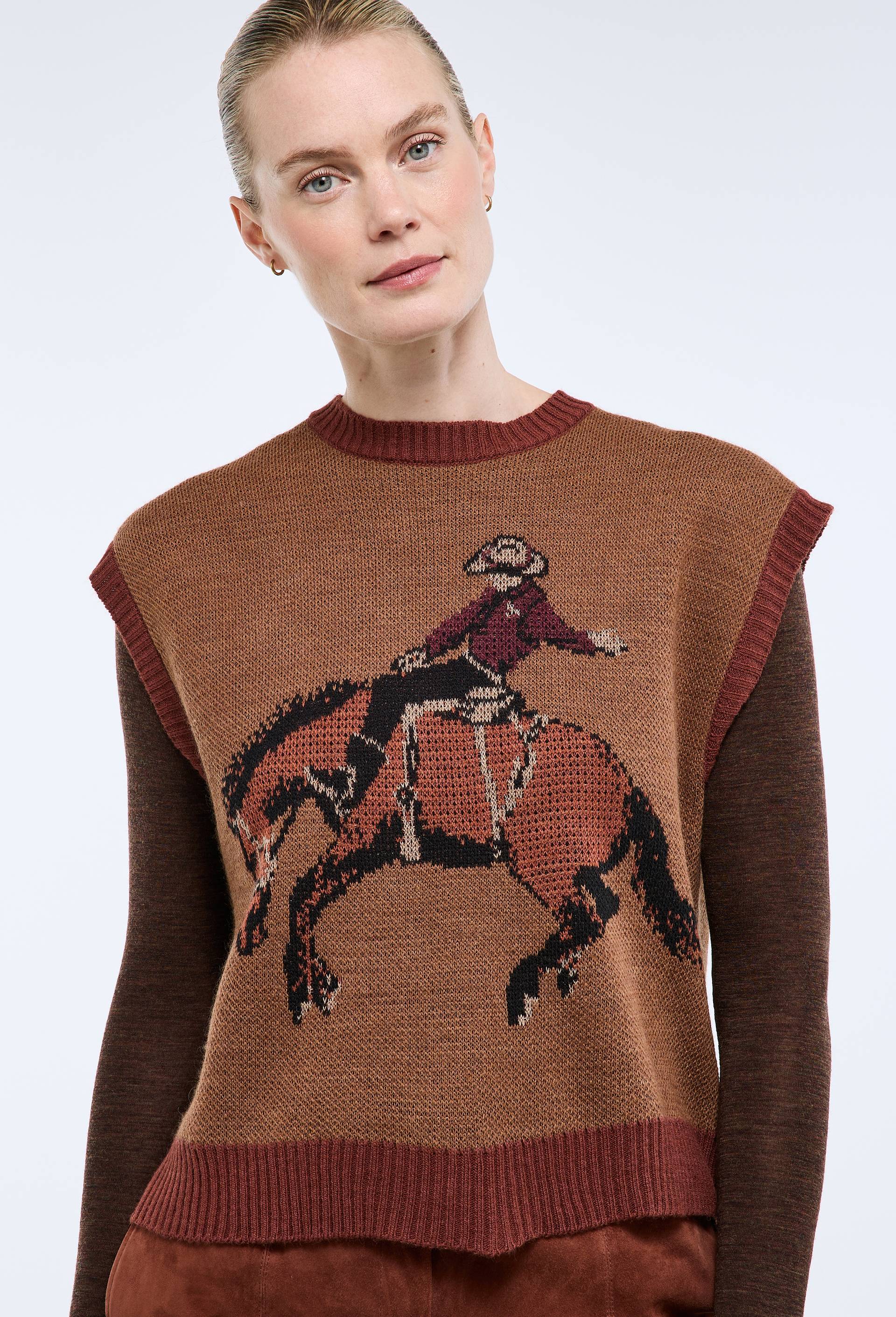 Pull sans manche en jacquard &agrave; motifs cowboy, Beige, large image number 1