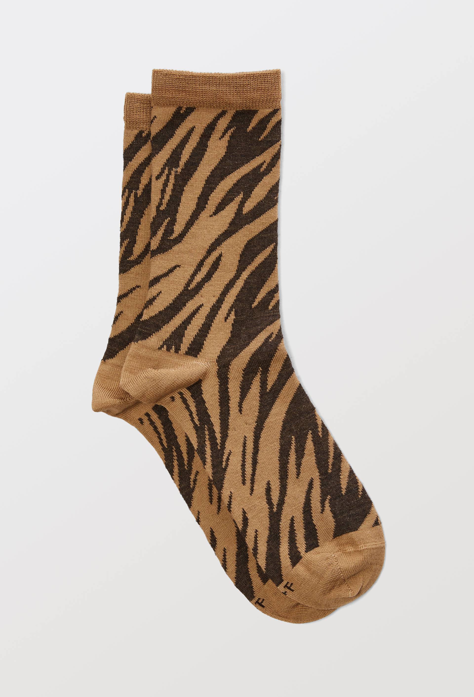 Chaussettes en laine m&eacute;rinos motif z&egrave;bre BLEUFORET, Brun, large image number 0