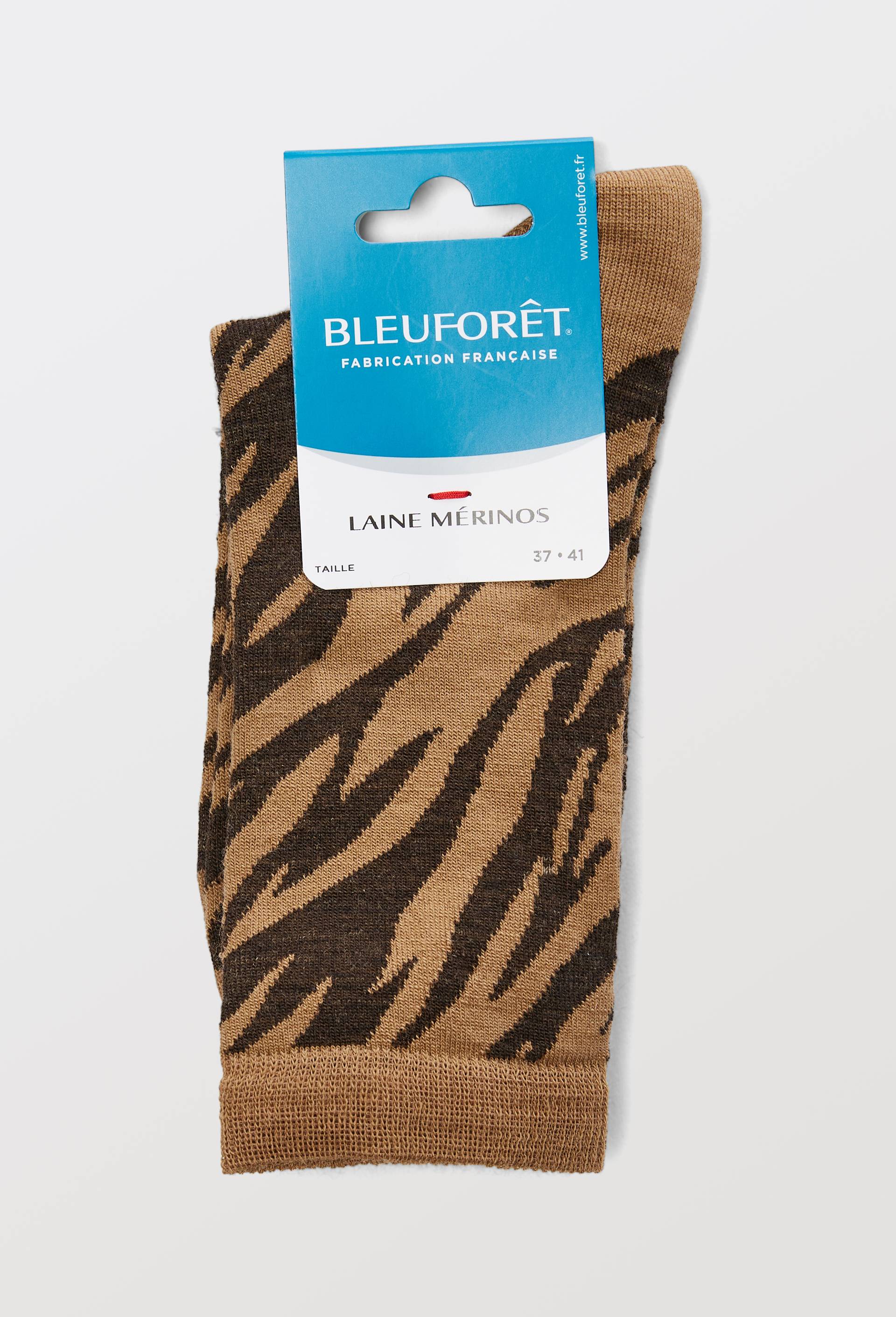 Chaussettes en laine m&eacute;rinos motif z&egrave;bre BLEUFORET, Brun, large image number 3