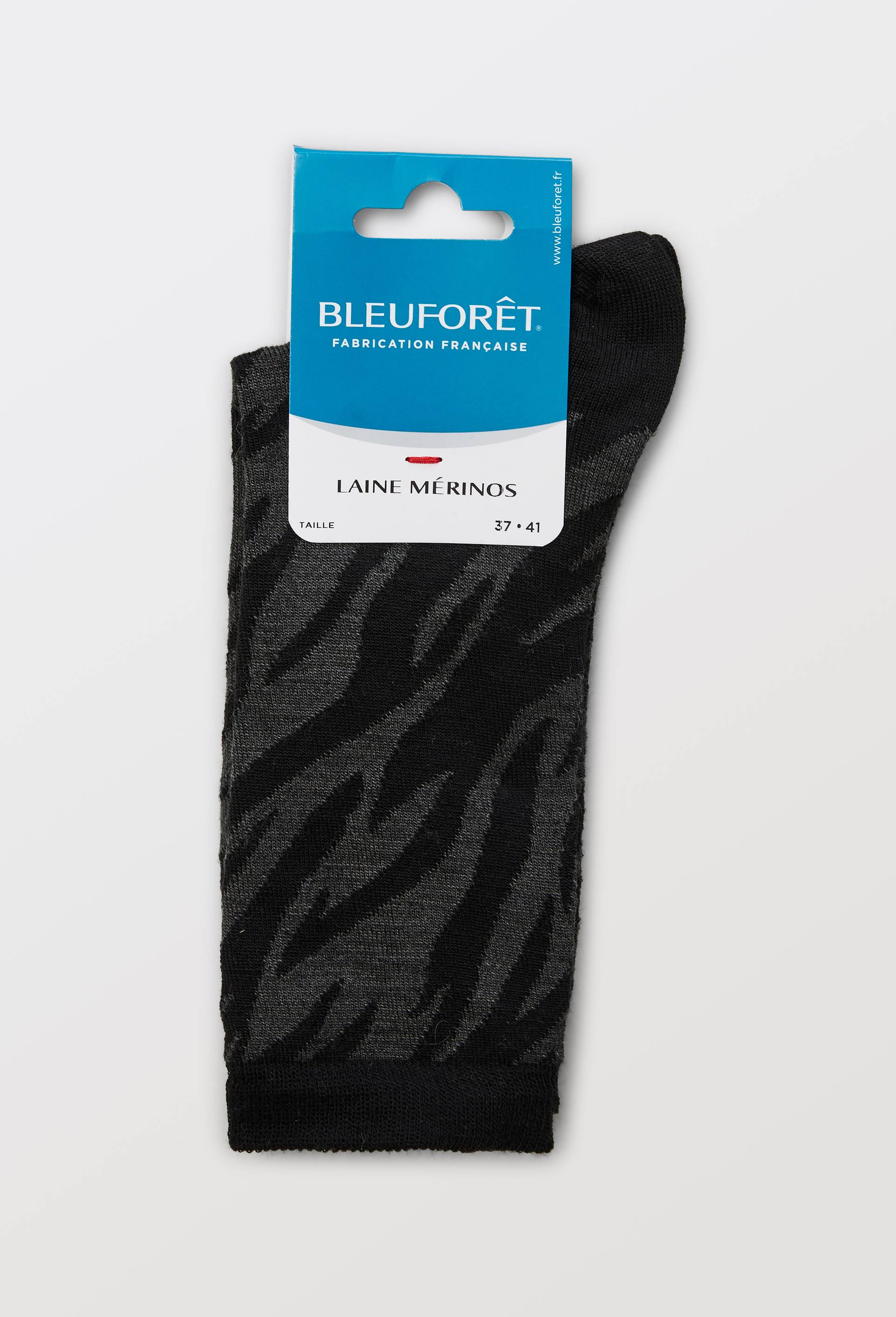 Chaussettes en laine m&eacute;rinos motif z&egrave;bre BLEUFORET, Noir, large image number 3