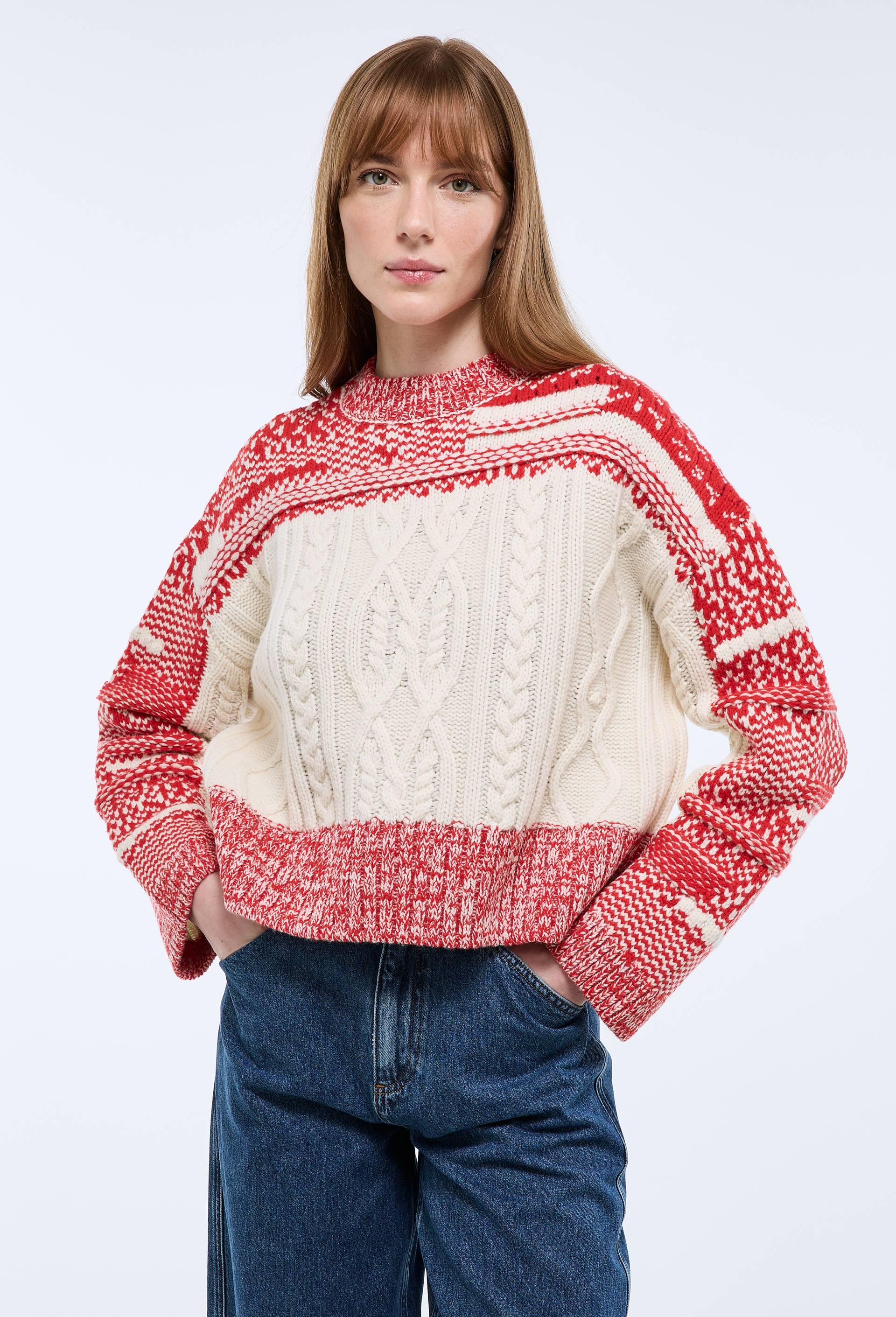 Pull en maille torsad&eacute;e et jacquard fantaisie en laine, Rouge, large image number 0