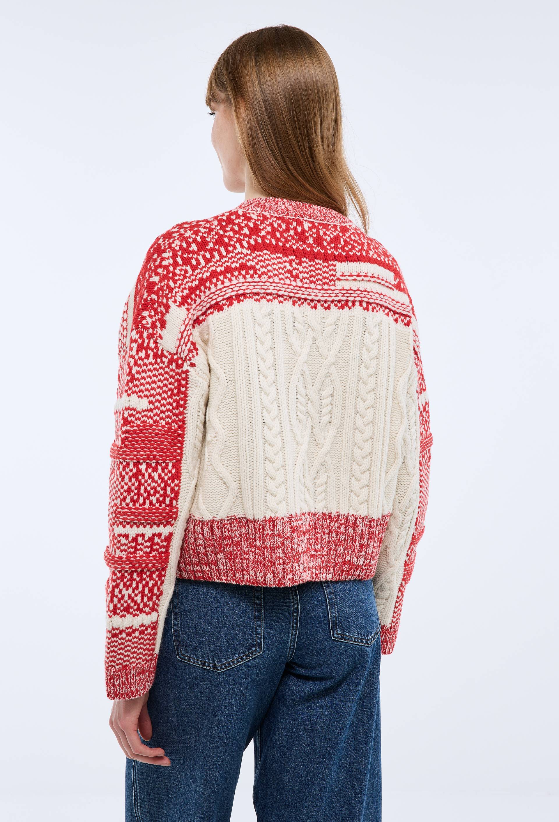 Pull en maille torsad&eacute;e et jacquard fantaisie en laine, Rouge, large image number 1.0