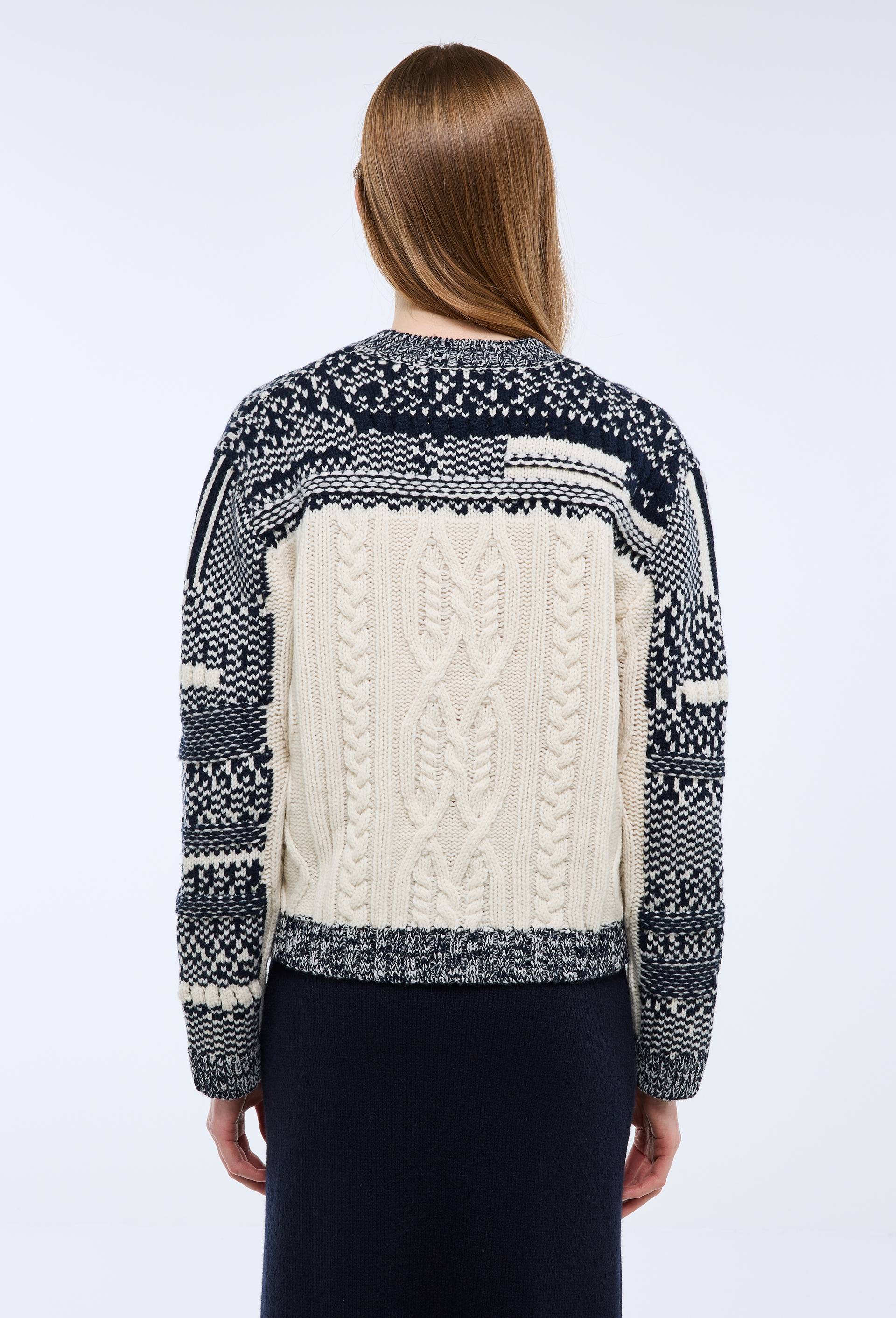 Cardigan en maille torsad&eacute;e et jacquard fantaisie en laine, Bleu fonc&eacute;, large image number 1.0