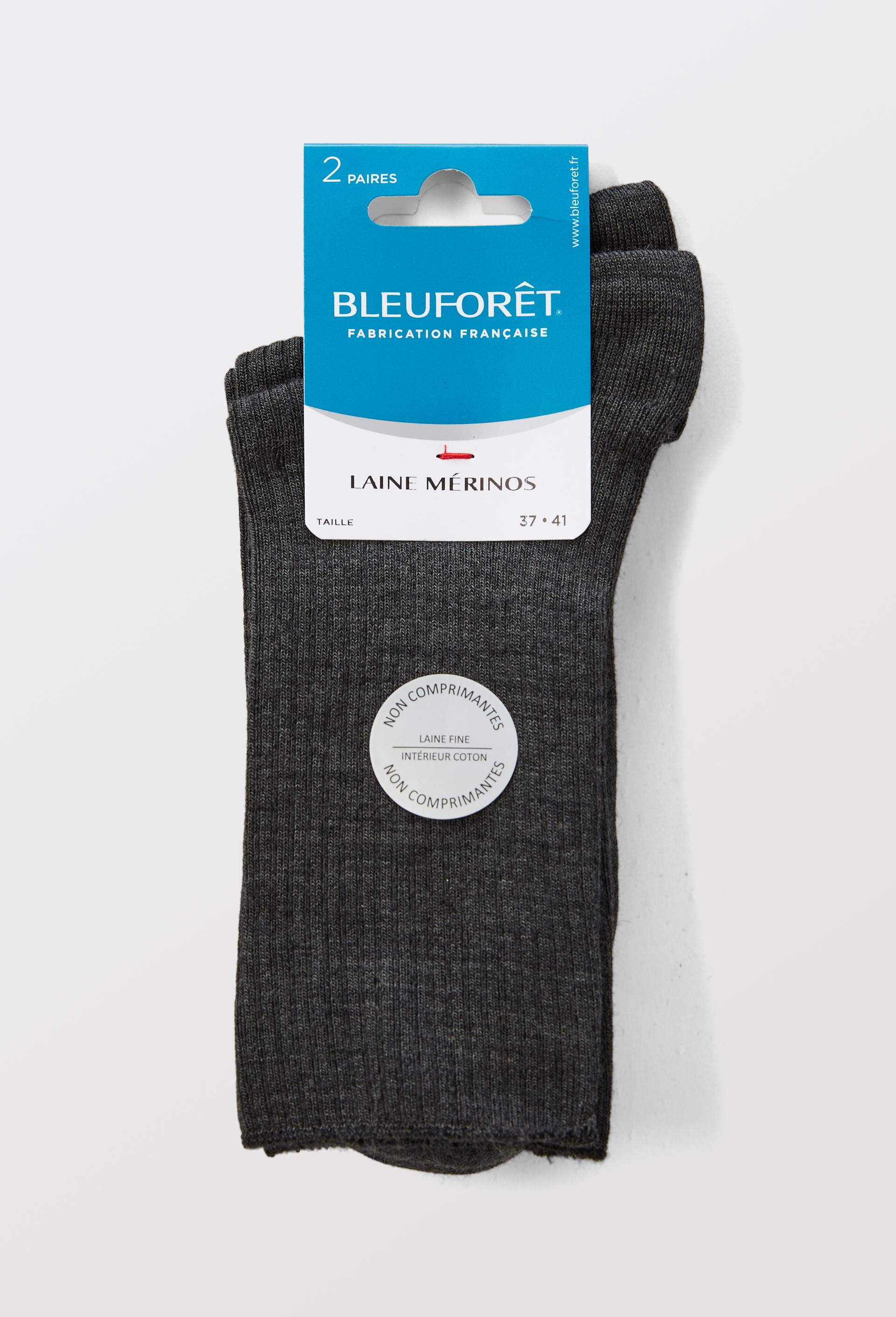 Lot de deux paires de chaussettes en laine m&eacute;rinos avec int&eacute;rieur en coton &agrave; c&ocirc;tes Bleuforet, Gris fonc&eacute;, large image number 2