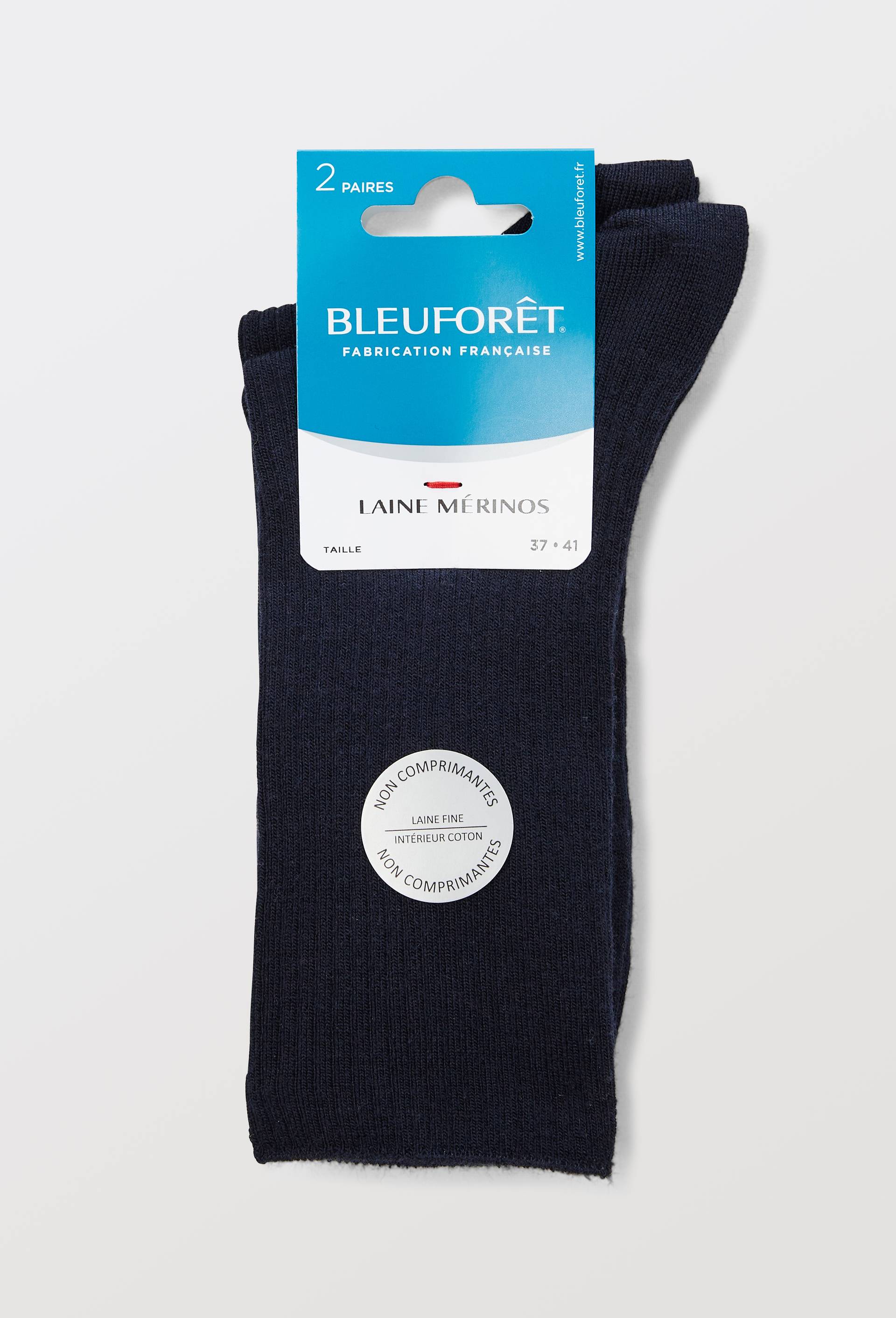 Lot de deux paires de chaussettes en laine m&eacute;rinos avec int&eacute;rieur en coton &agrave; c&ocirc;tes Bleuforet, Bleu fonc&eacute;, large image number 2.0