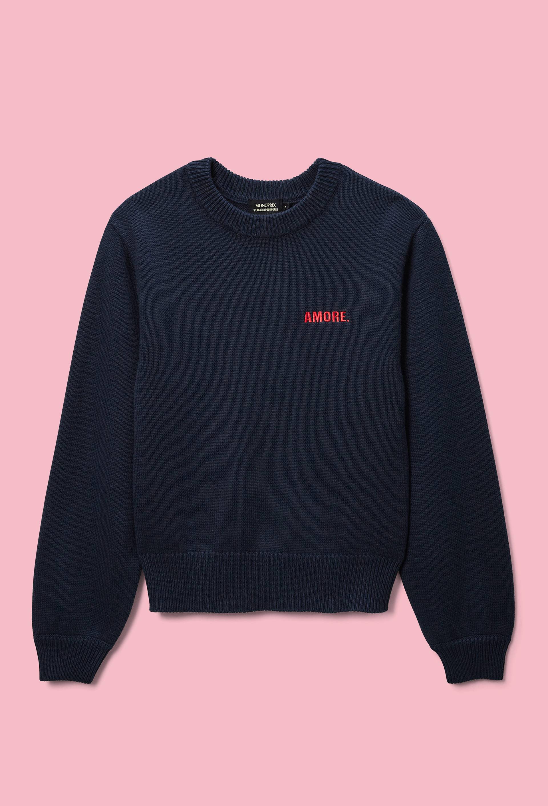 Pull manches longues &agrave; jacquard coeur au dos, Bleu fonc&eacute;, swatch image