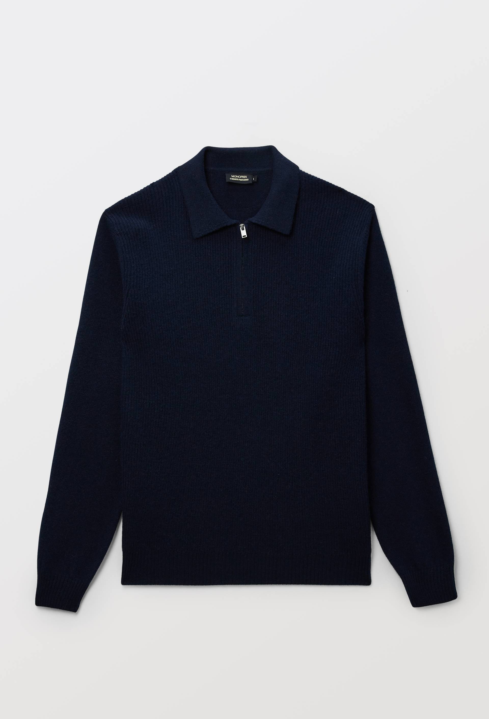 Pull col polo zipp&eacute;  en laine, Bleu fonc&eacute;, large image number 3.0