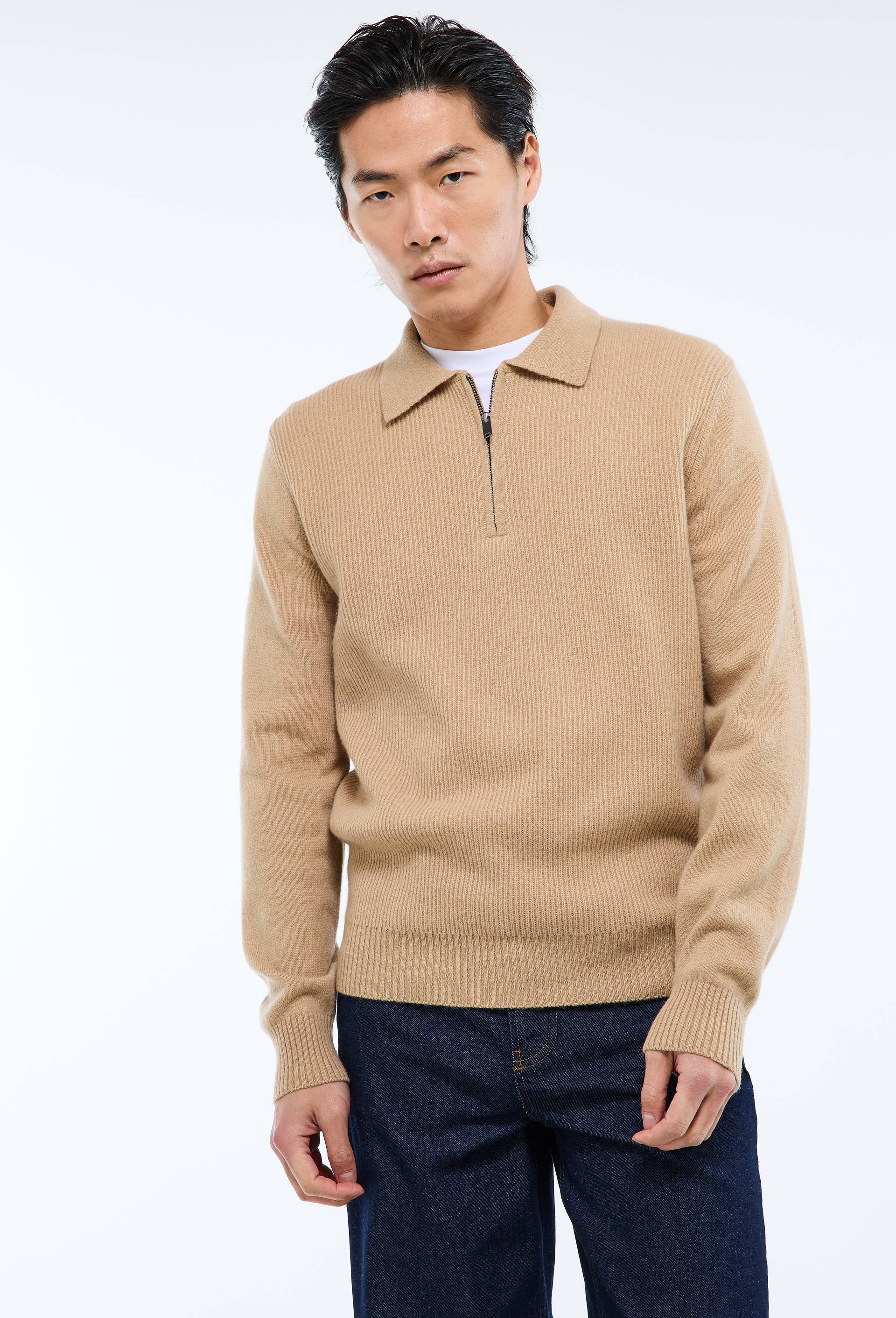 Pull col polo zipp&eacute;  en laine, Beige, large image number 0