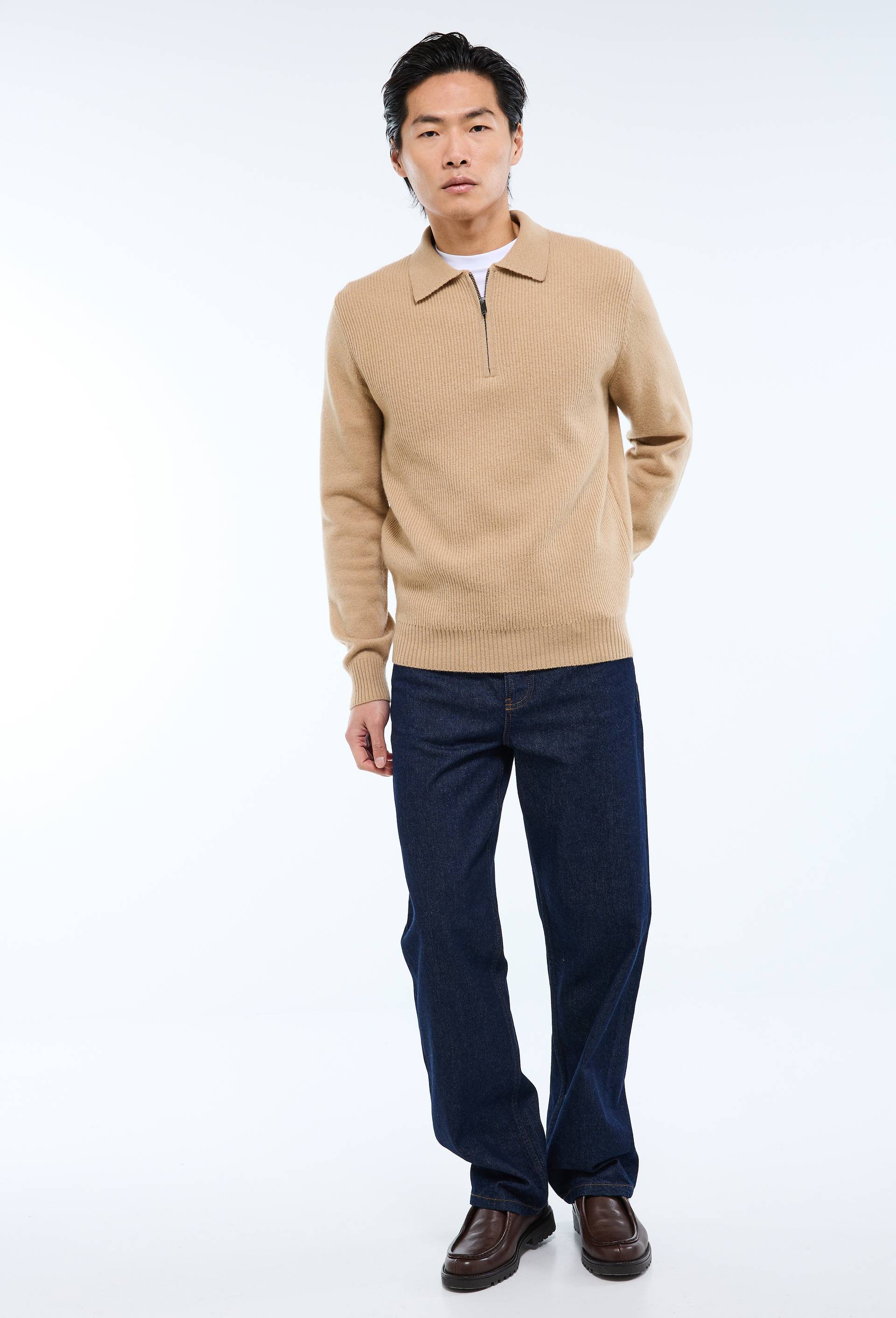 Pull col polo zipp&eacute;  en laine, Beige, large image number 1.0