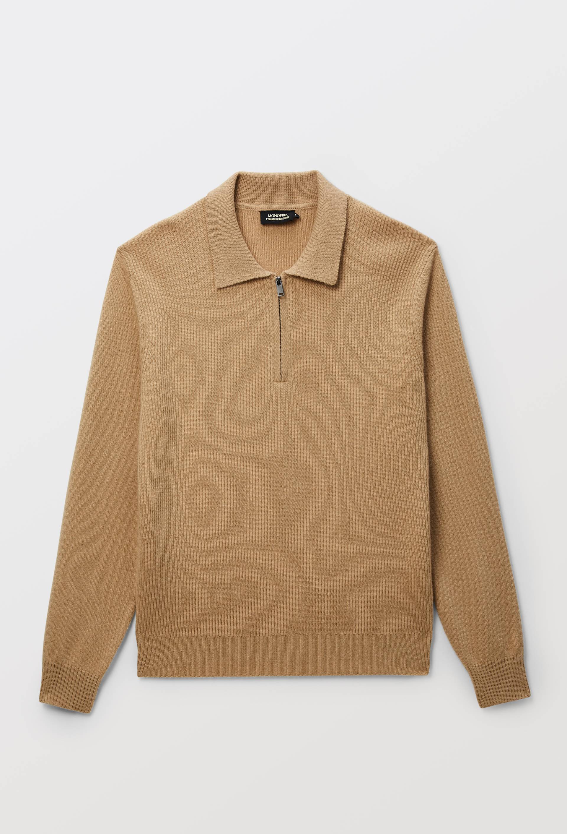 Pull col polo zipp&eacute;  en laine, Beige, large image number 3