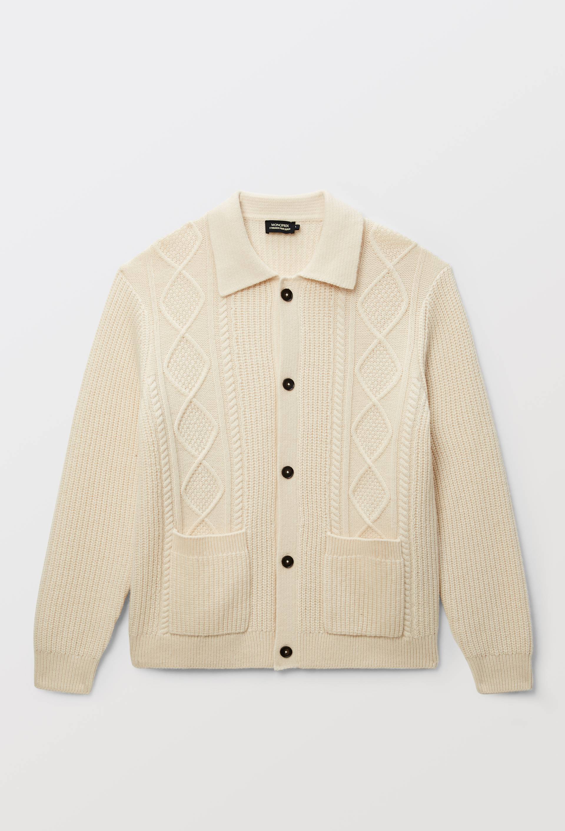 Gilet intarsia colo polo contenant de la laine et alpaga, Ecru, large image number 6.0