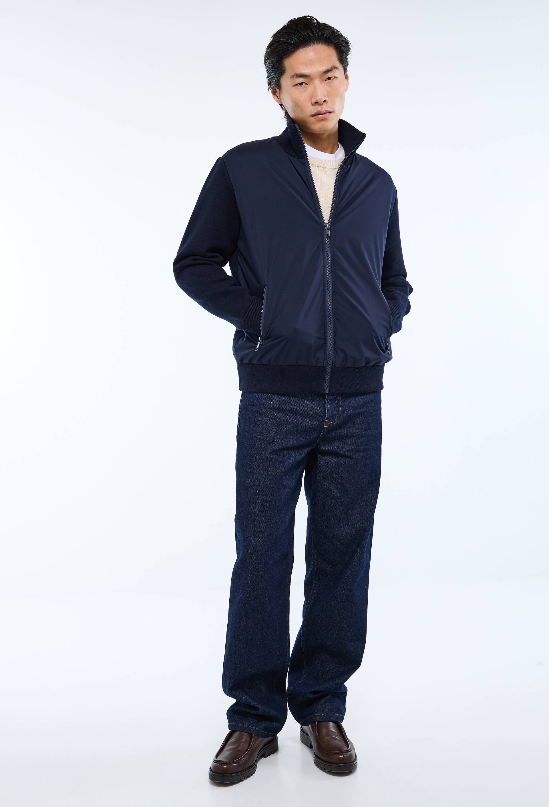 Gilet bi-mati&egrave;re contenant du coton, Bleu fonc&eacute;, large image number 1.0