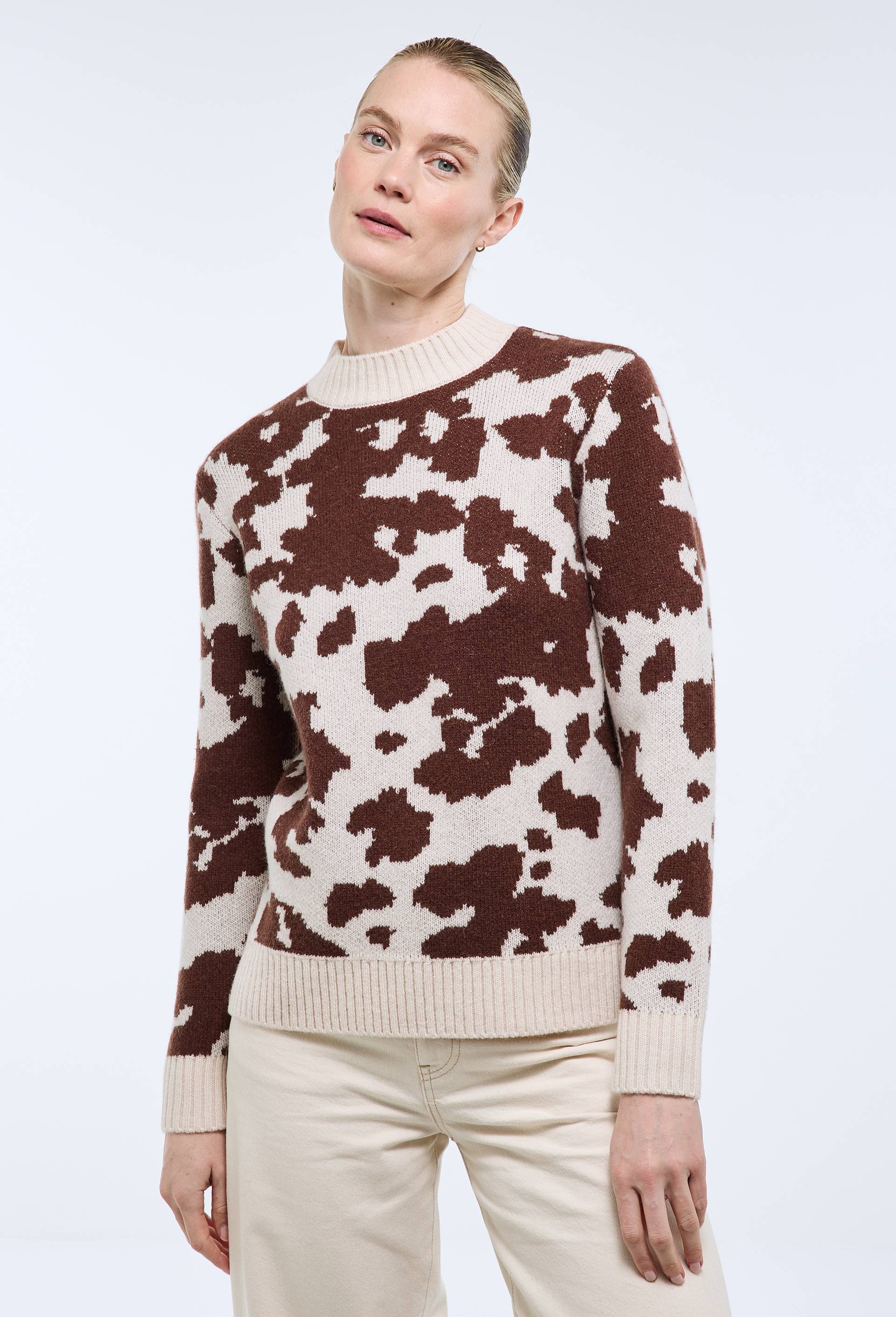 Pull col rond en jacquard &agrave; motifs vache, Brun fonc&eacute;, large image number 1