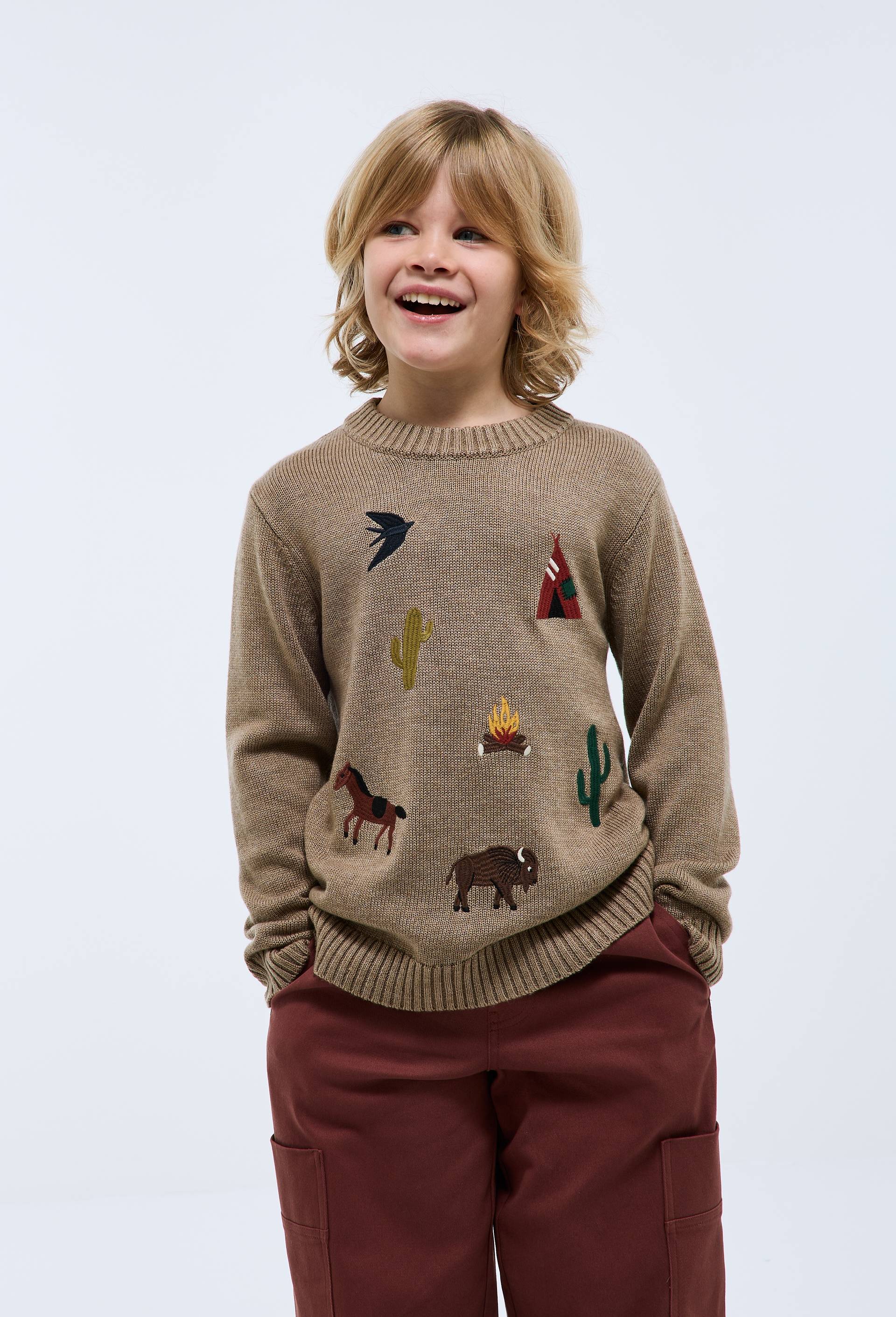 Pull col rond avec motif contenant de la laine, Beige, large image number 1