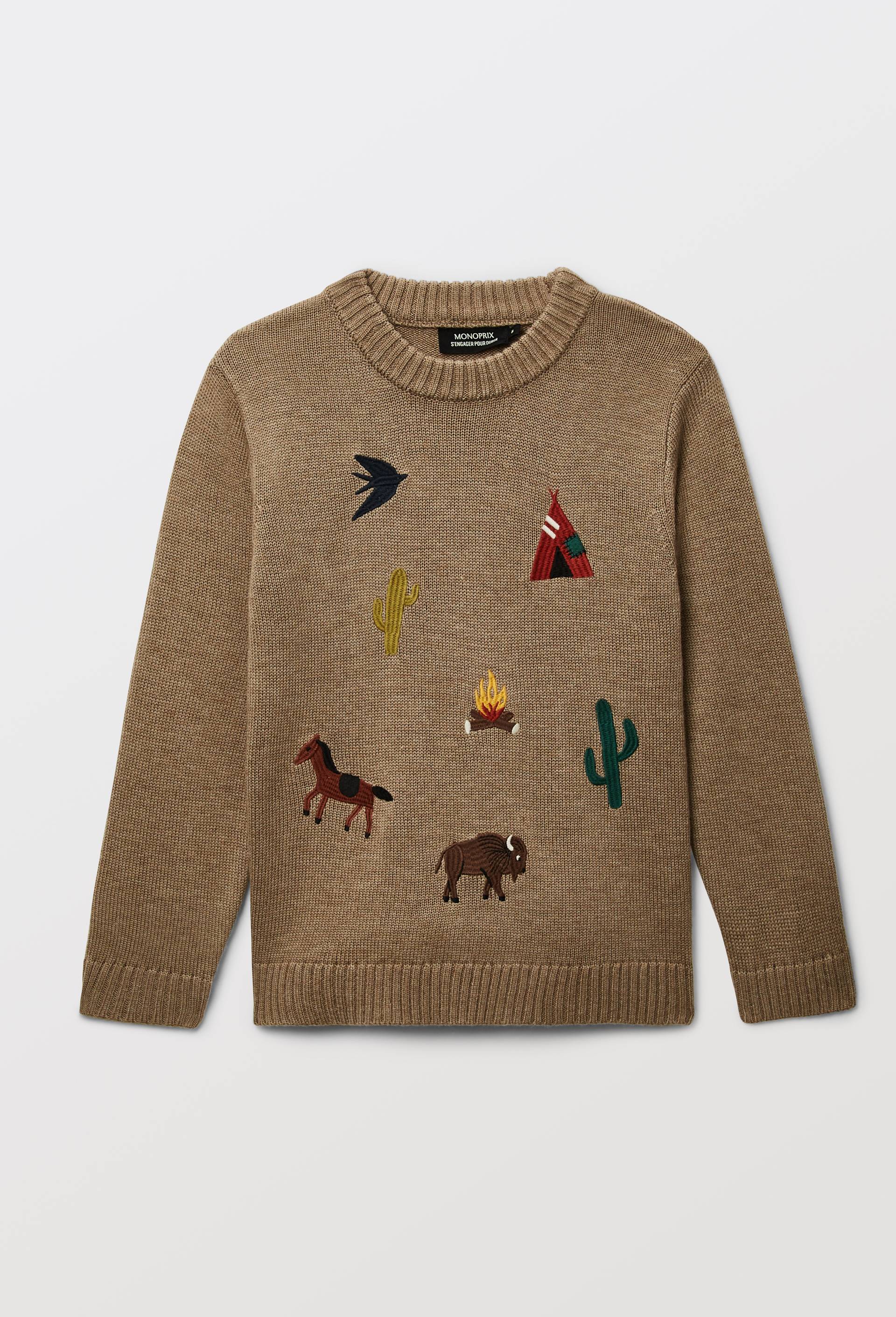 Pull col rond avec motif contenant de la laine, Beige, large image number 2