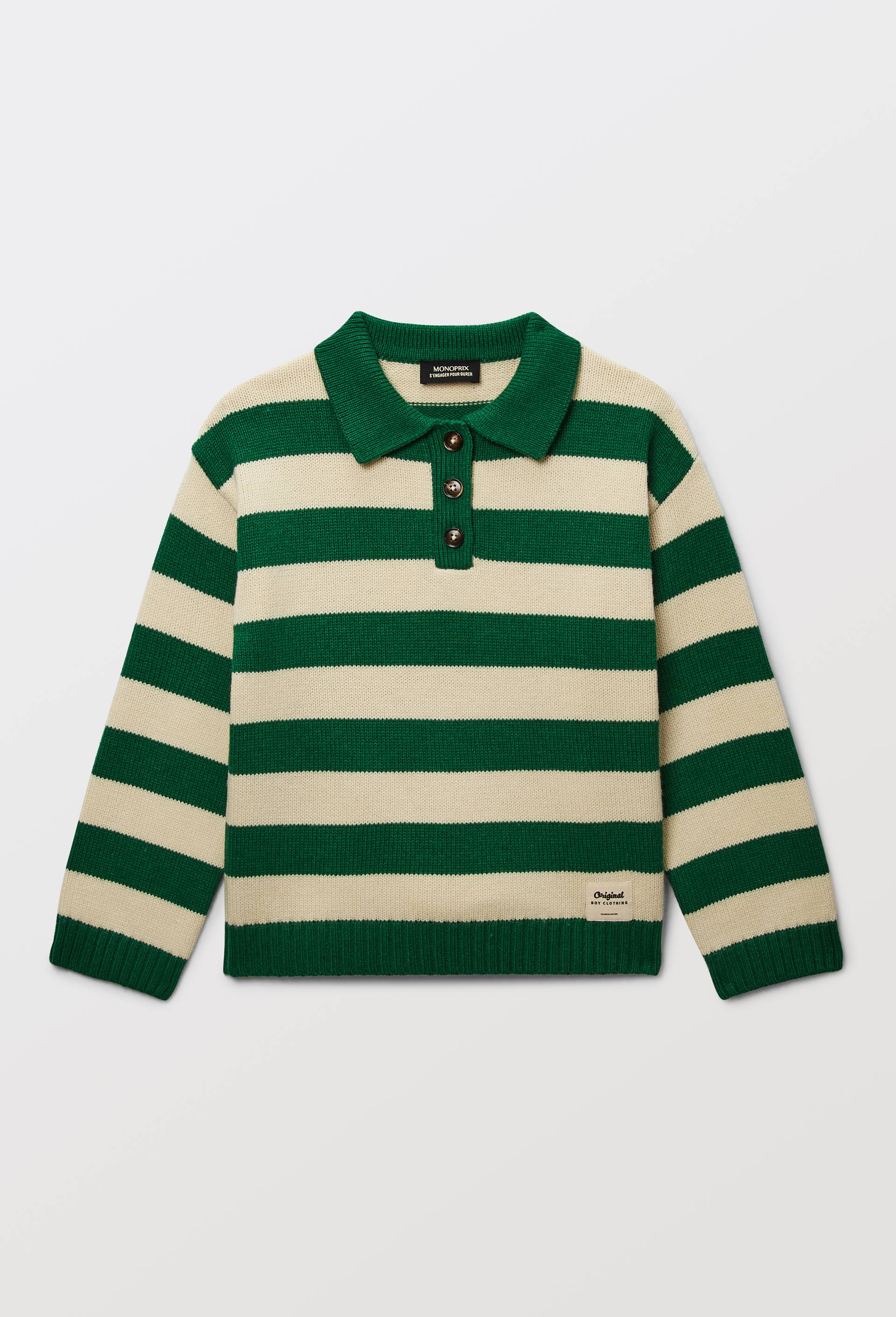 Pull ray&eacute; col polo contenant de la laine, Vert fonc&eacute;, large image number 2