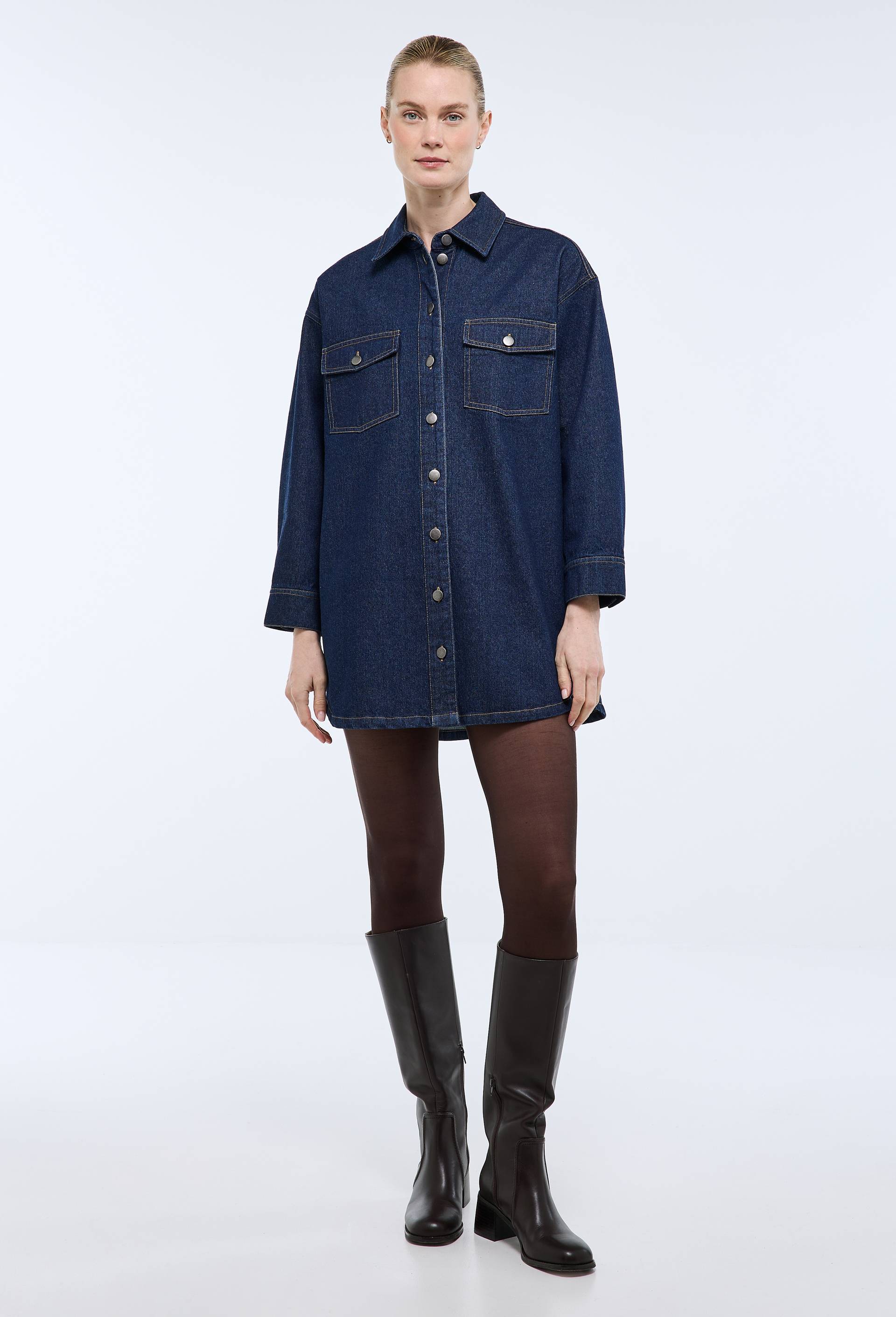 Robe chemise courte denim en coton BIO GOTS, Bleu fonc&eacute;, large image number 1